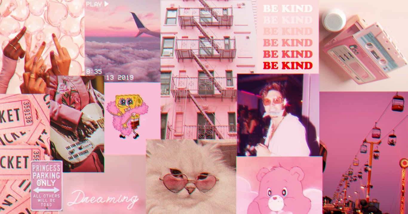 Kawaii Pink Aesthetic Desktop 桌布 壁紙 — 一幅充滿活力的粉紅色調拼貼畫， featuring 戴太陽眼鏡的貓、海綿寶寶海報、卡式錄音帶，以及帶有勵志文字的城市景觀。