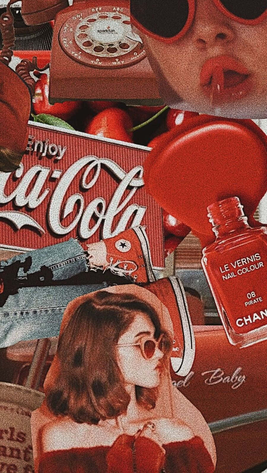 90's Vintage Retro Aesthetic 桌布 壁紙 — 一幅充滿活力的紅色調拼貼畫， featuring 復古物品如旋轉電話、可口可樂罐和香奈兒指甲油，以及復古風格的女性和運動鞋。