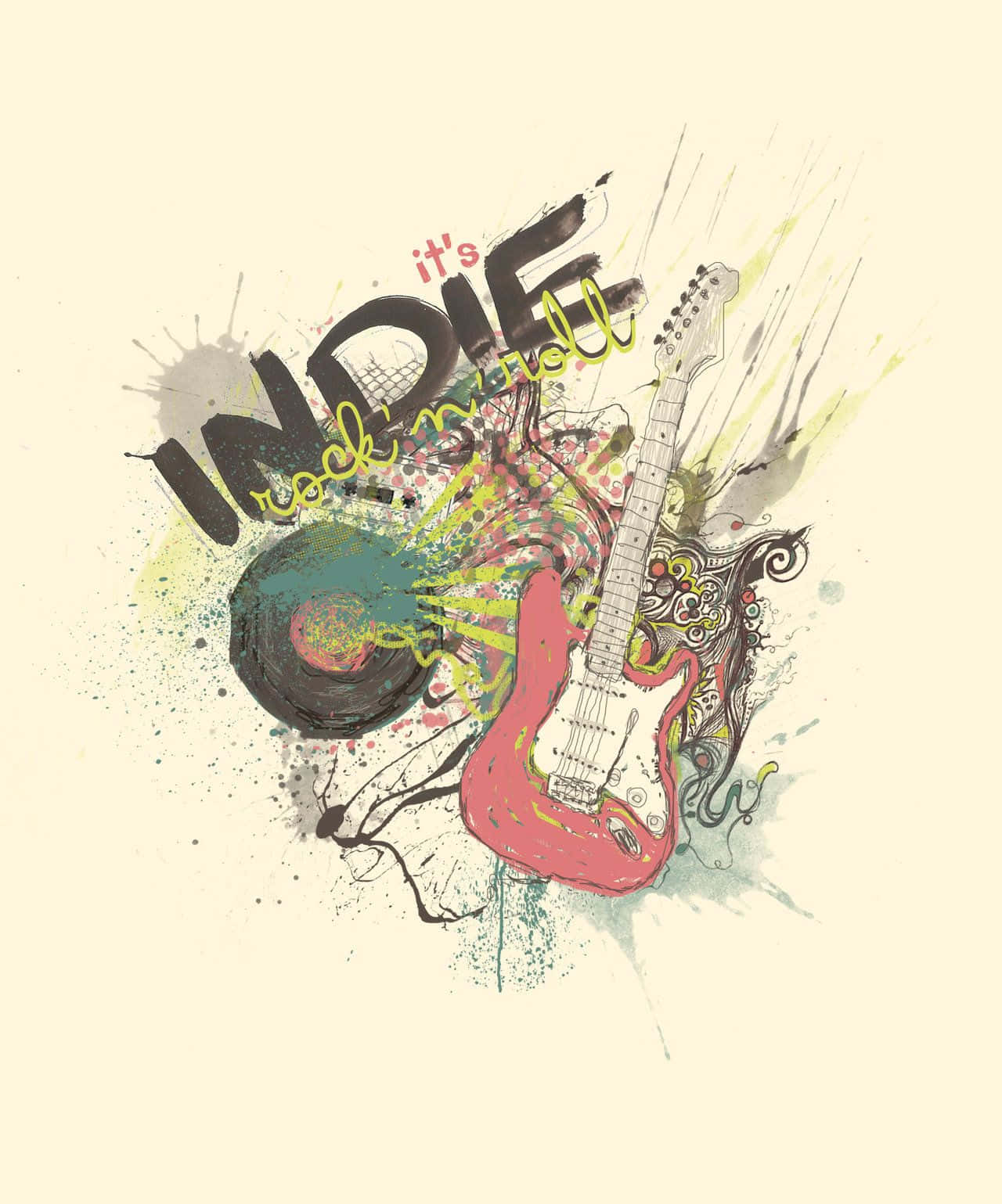 Indie Kid 桌布 壁紙 — 一幅充滿活力的紅色電結他和黑膠唱片插圖，上面寫著「it's indie rock'n'roll」字樣。