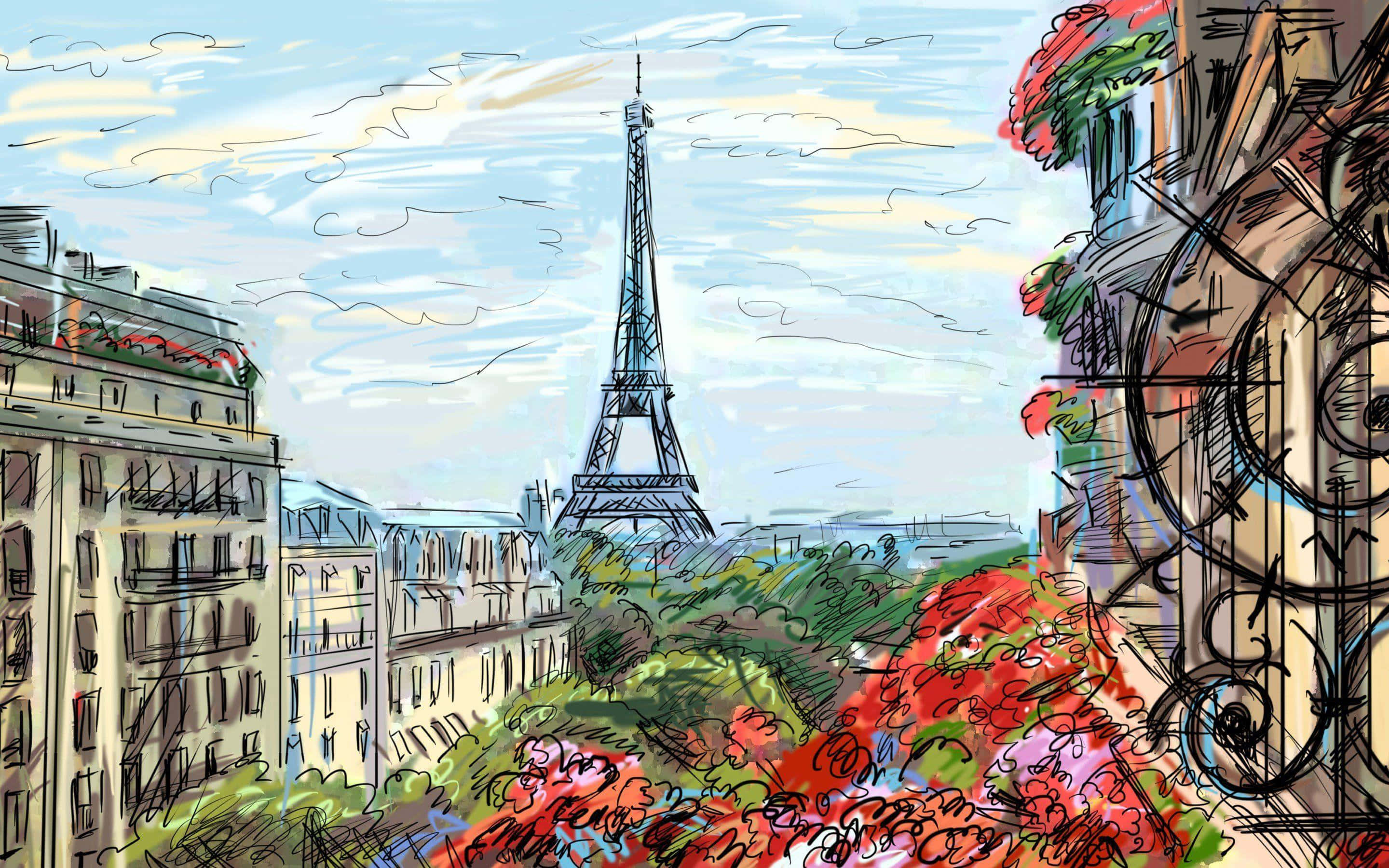 french 桌布 壁紙 — 一幅充滿活力的素描風格巴黎景觀，展示艾菲爾鐵塔被色彩繽紛的花朵和經典建築環繞，背景是柔和的藍天。