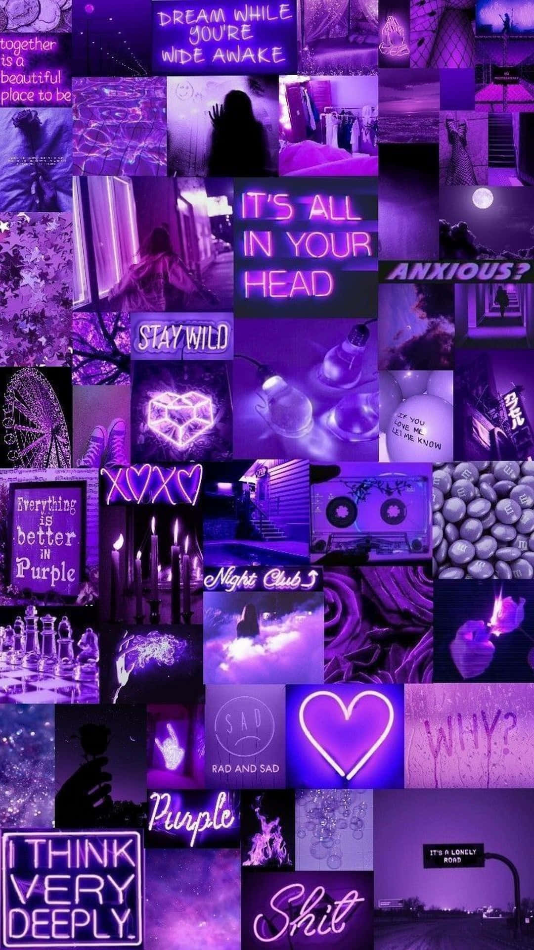 Purple Phone 桌布 壁紙 — 一幅充滿活力的紫色主題拼貼畫，包含霓虹燈牌、剪影和傳達內省及情感主題的文字片段。