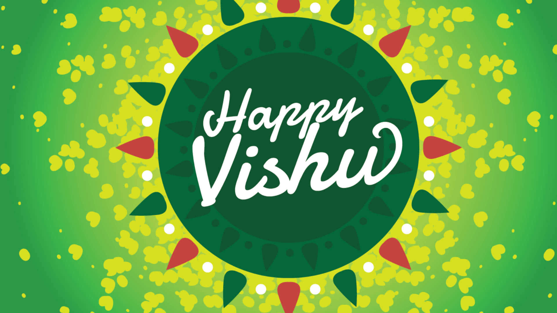 Vishu 桌布 壁紙 — 一幅充滿活力的綠色和黃色插圖問候，帶有白色草書文字「Happy Vishu」，周圍環繞著節日幾何圖案。
