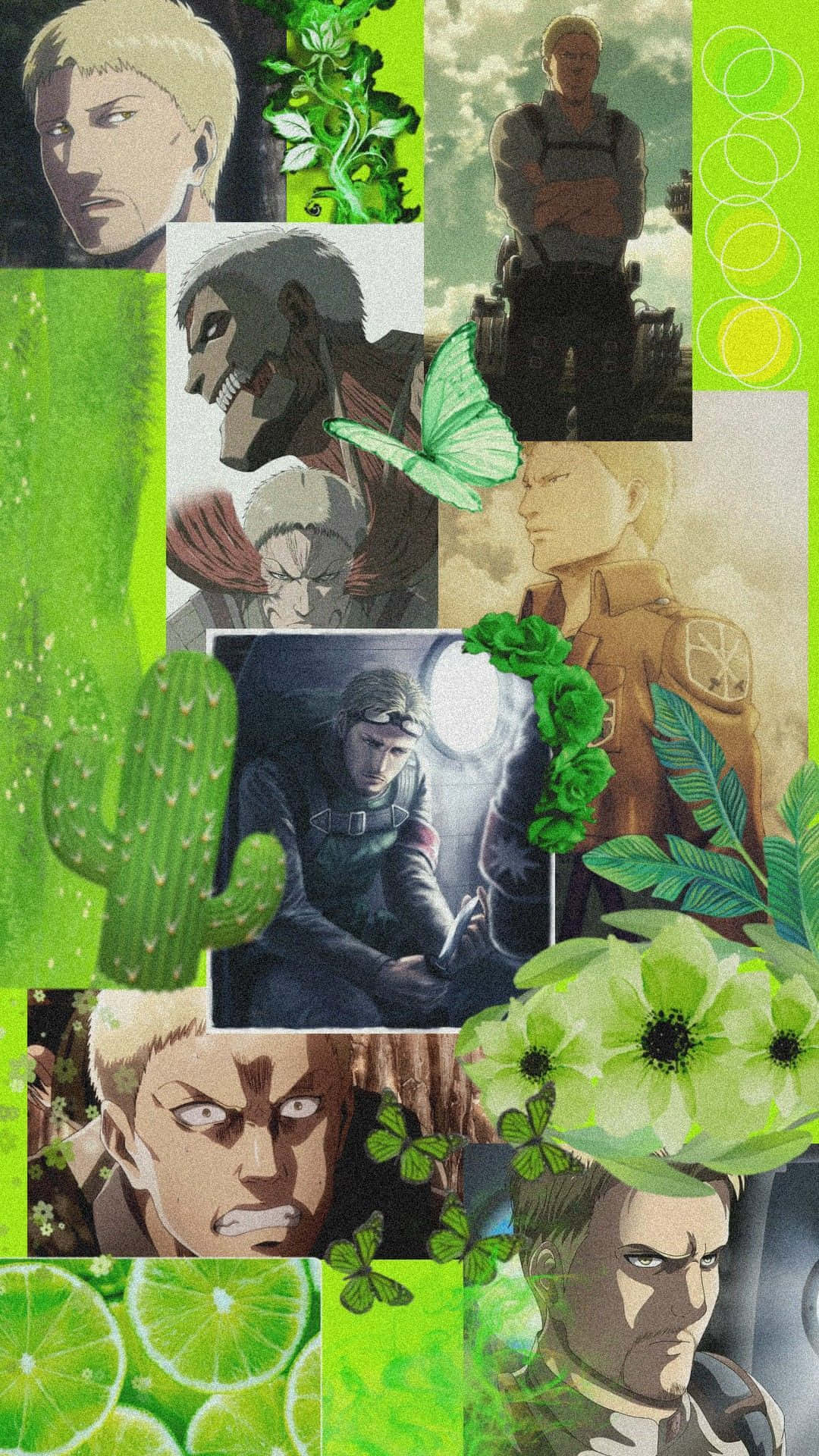 Reiner Braun 桌布 壁紙 — 一幅充滿活力的綠色拼貼畫，包含《進擊的巨人》動畫角色，並穿插仙人掌、蝴蝶和青檸片。