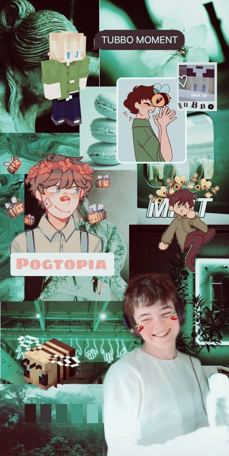 Green Aesthetic Tubbo 壁紙 — 一幅充滿活力的綠色調拼貼畫， featuring 一個微笑的男孩、Minecraft 角色和可愛的蜜蜂主題插圖。