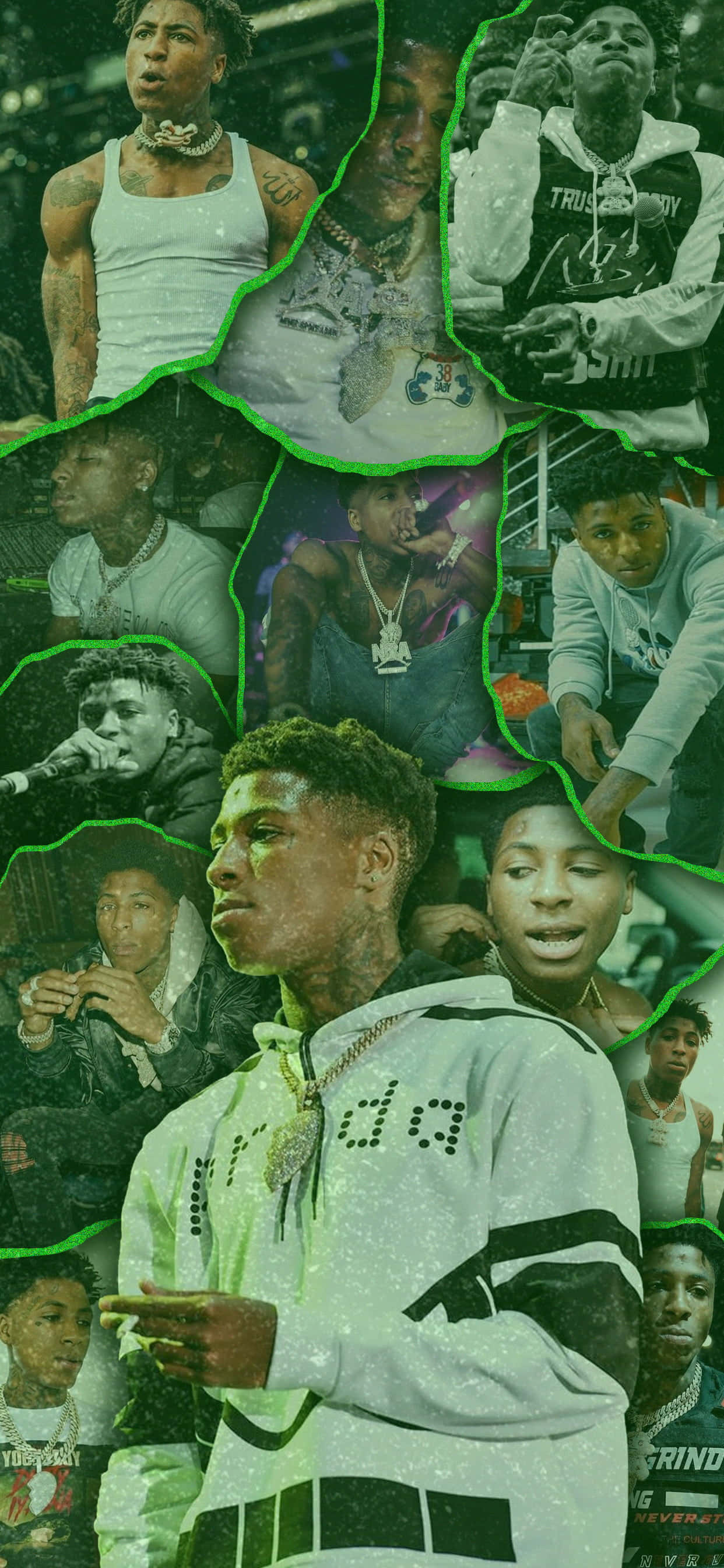 NBA YoungBoy 桌布 壁紙 — 一幅充滿活力的綠色調拼貼畫，描繪年輕男性饒舌歌手和音樂家穿著都市街頭服飾自信地擺姿勢。