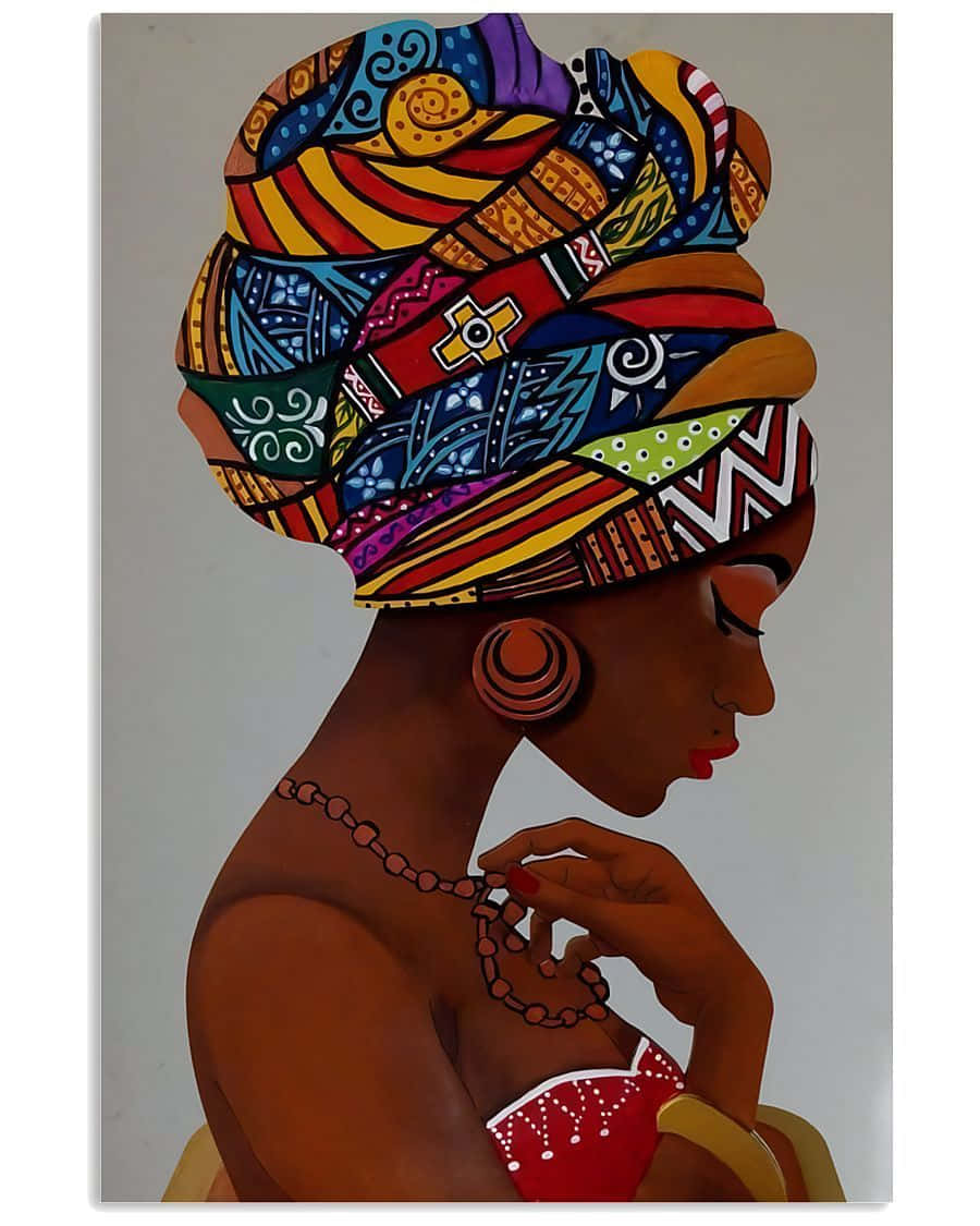 Black Culture 桌布 壁紙 — 一幅充滿活力的繪畫肖像，描繪一位側面女性，戴著色彩繽紛的圖案頭巾，正在調整珠鏈。