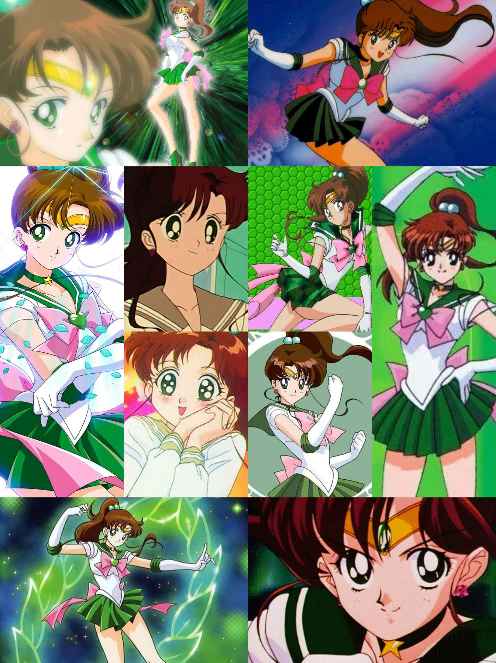 sailor jupiter 桌布 壁紙 — 一幅充滿活力的美少女戰士動畫角色拼貼畫，展現動態姿勢和帶有發光效果的魔法場景。