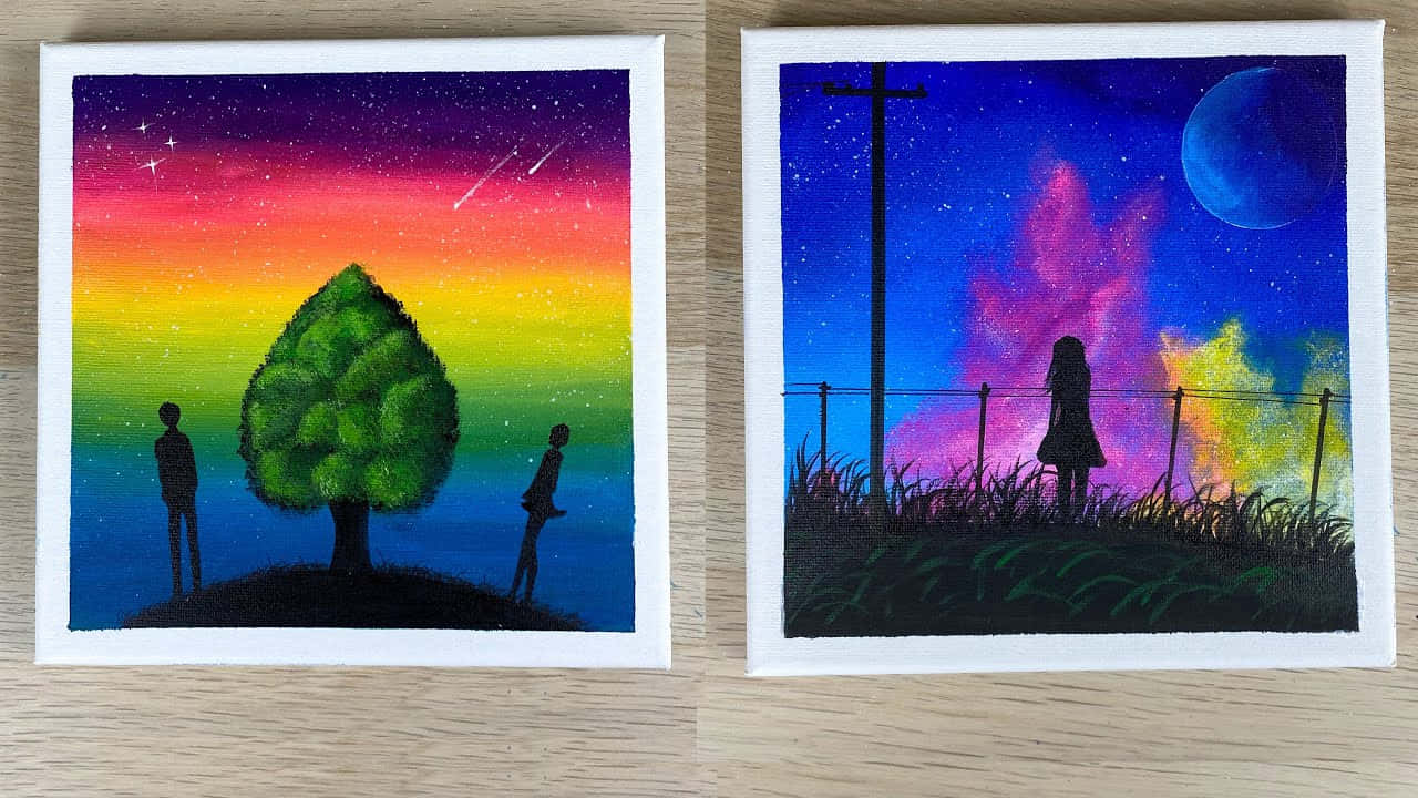 一幅充滿活力的藝術表達 壁紙 — 兩幅充滿活力的畫作描繪了在色彩繽紛的星空下的剪影人物，一幅有樹，另一幅有籬笆和月亮。