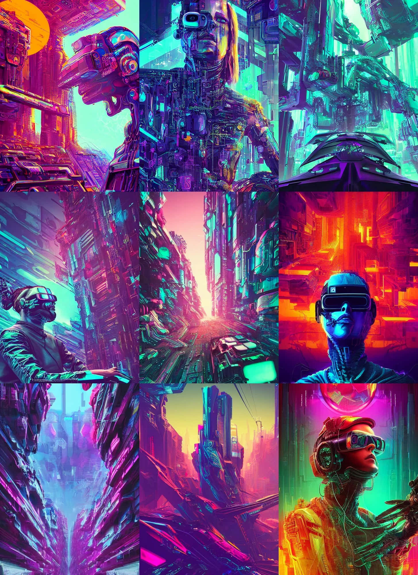 virtual reality 桌布 壁紙 — 一幅充滿活力的賽博龐克拼貼畫，描繪了霓虹燈閃爍的未來城市景觀和擴增實境使用者在發光的城市環境中。
