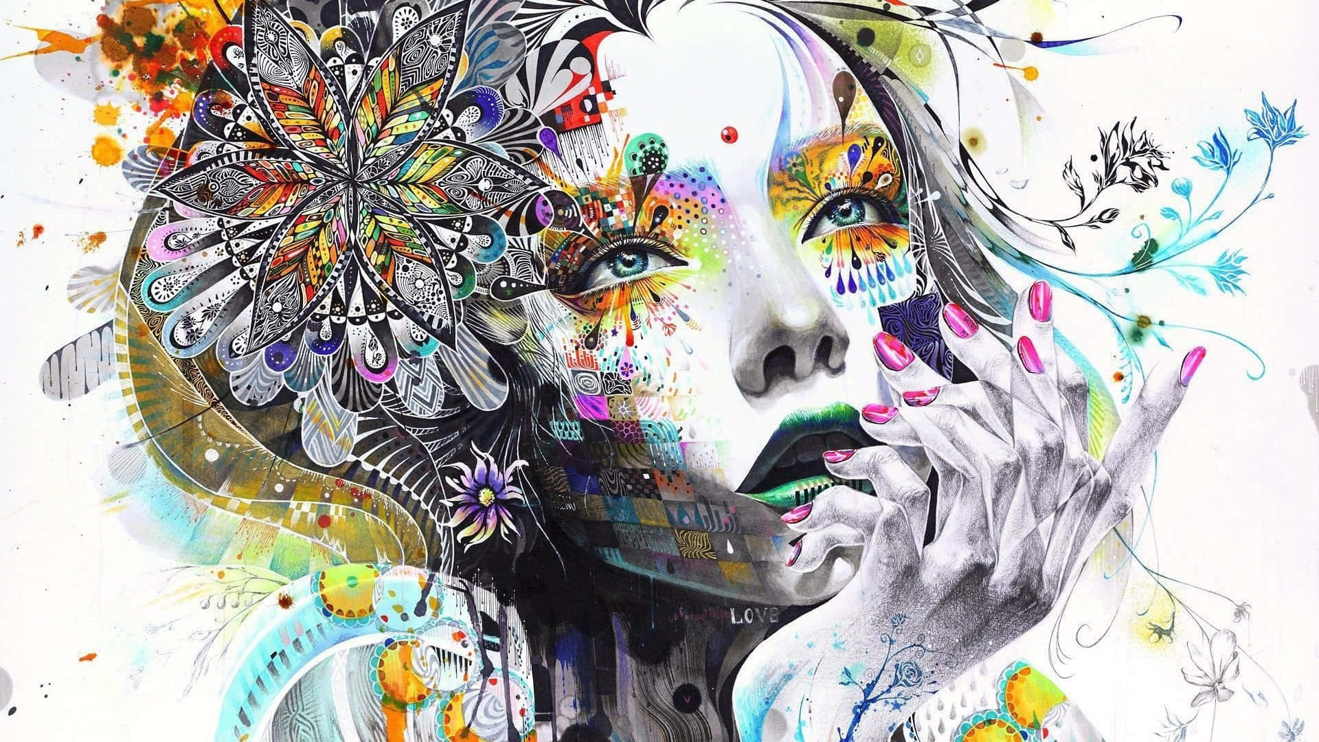 Contemporary Art 桌布 壁紙 — 一幅充滿活力的超現實女性肖像，複雜的花卉和幾何圖案從她的臉部和頭髮中爆發出來。
