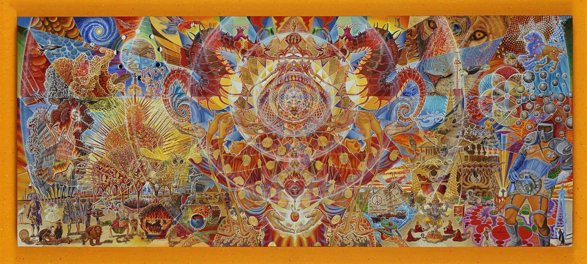 dmt 桌布 壁紙 — 一幅充滿活力的超現實拼貼畫，充滿了複雜的圖案、神話生物和象徵性主題，以溫暖發光的色調呈現。