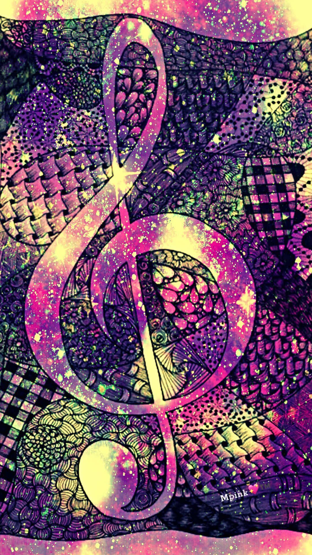 Cute Music 桌布 壁紙 — 一幅充滿活力的迷幻插圖，以發光的高音譜號為特色，周圍環繞著紫色、粉紅色和黃色調的複雜圖案和閃爍星星。