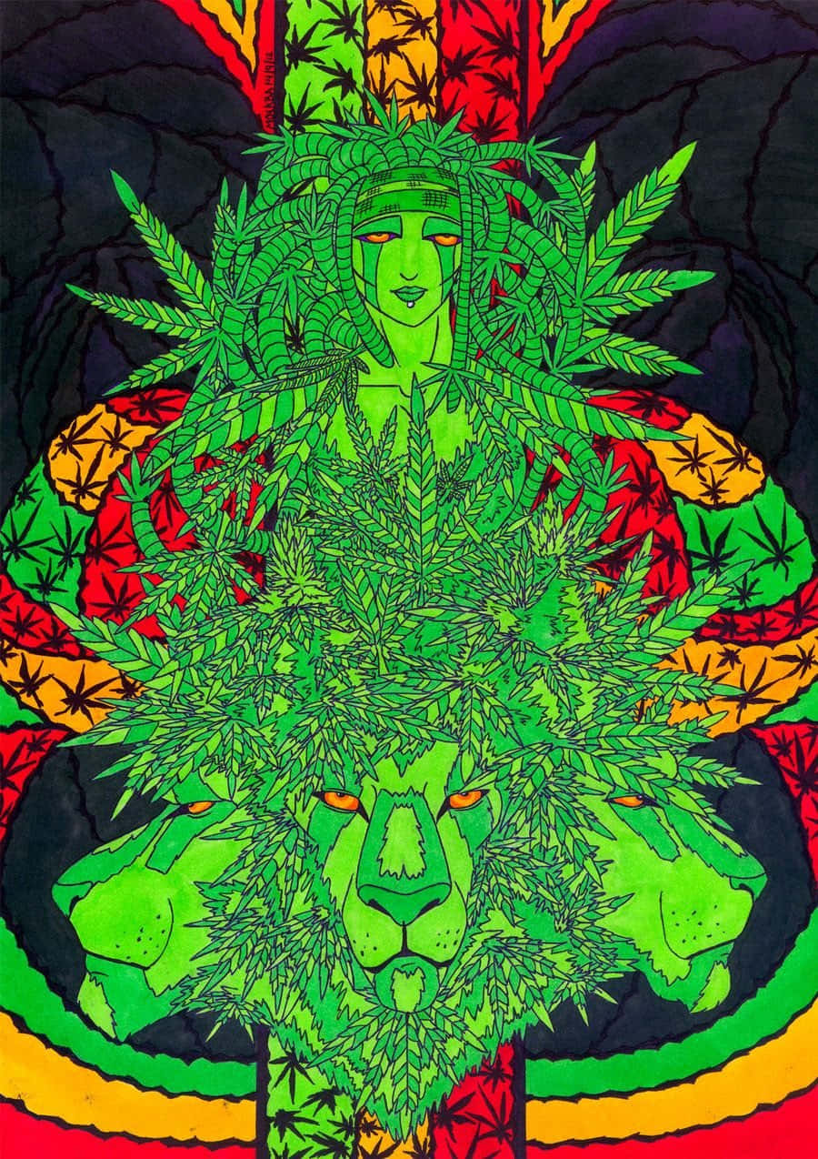 大麻 桌布 壁紙 — 一幅充滿活力的迷幻插圖，描繪了一個綠色獅頭人物，頭戴大麻葉冠冕，背景為三色拉斯塔法里風格。