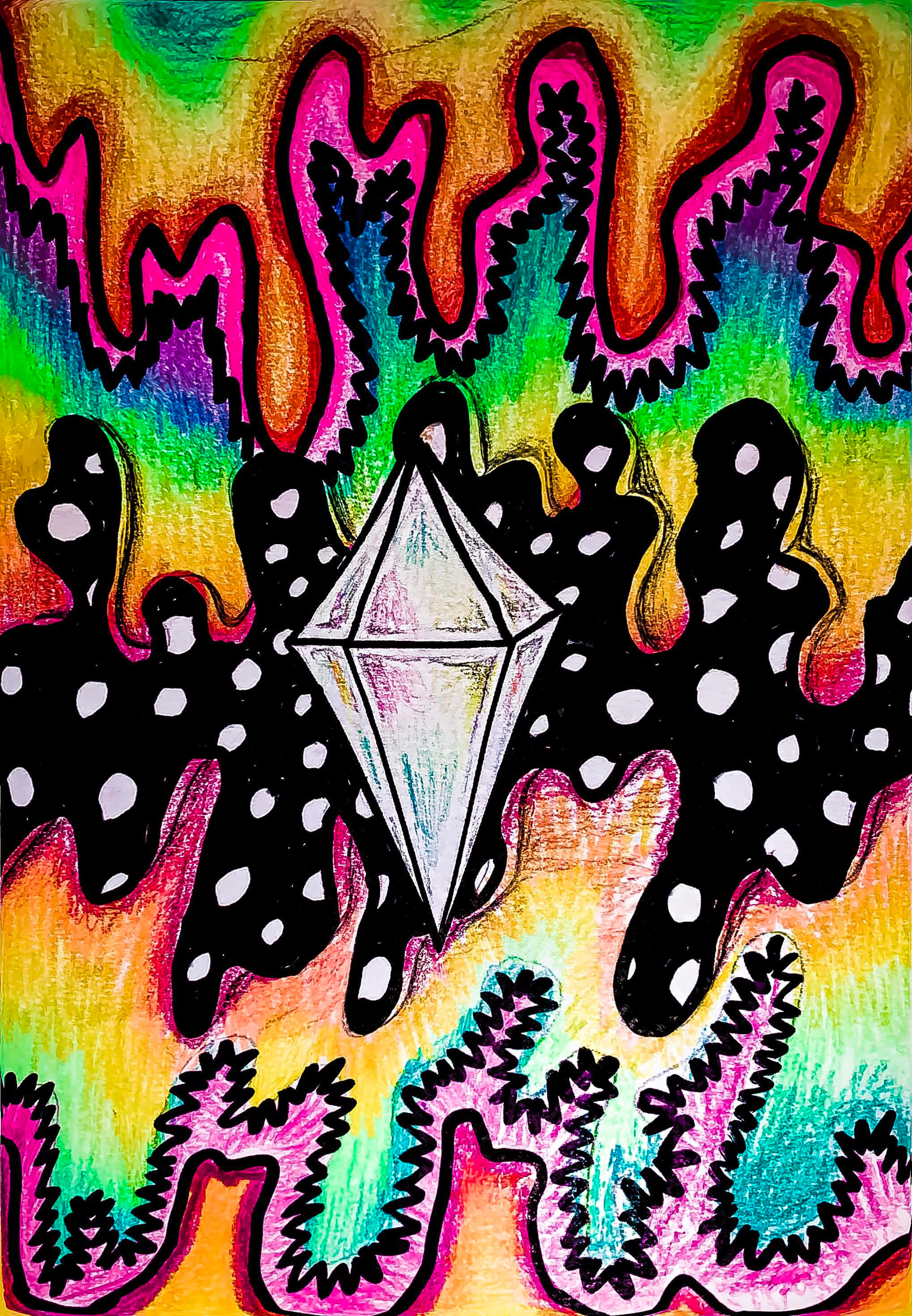 Trippy Art 桌布 壁紙 — 一幅充滿活力的迷幻繪畫，中央有一個白色鑽石，周圍環繞著黑色圓點圖案，背景是彩虹色的波浪紋。