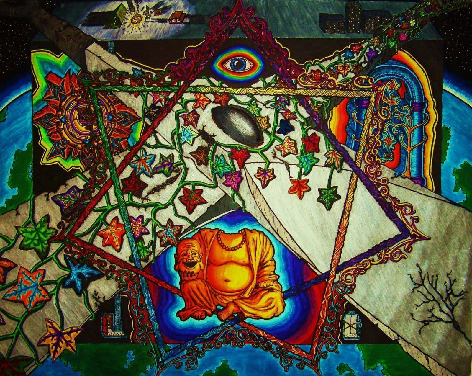 dmt 桌布 壁紙 — 一幅充滿活力的迷幻藝術作品，中央為佛像，周圍環繞著星星、藤蔓、全視之眼和宇宙圖案，色彩鮮豔。