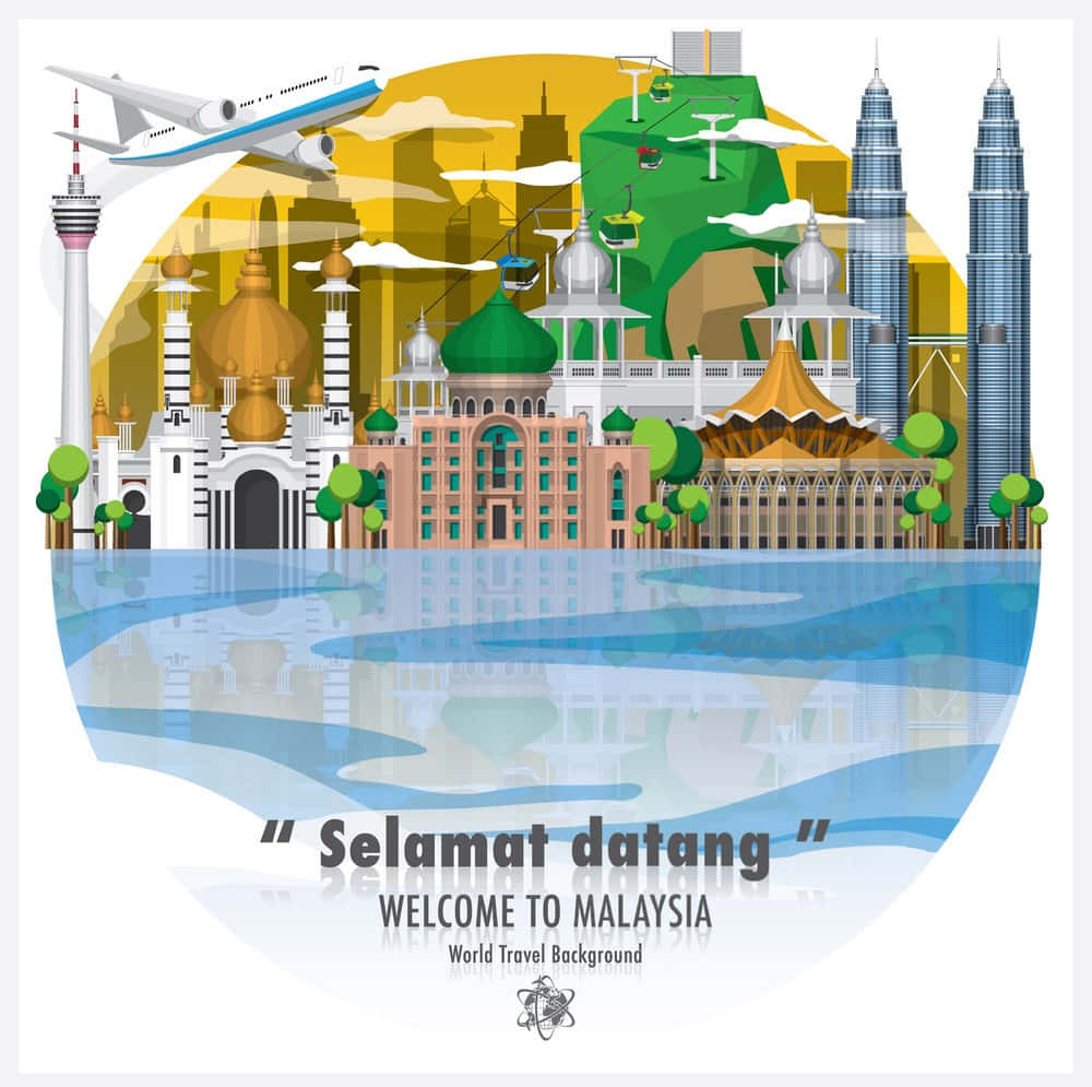 Malaysia 桌布 壁紙 — 一幅充滿活力的馬來西亞天際線插圖，展示標誌性地標如雙子塔和清真寺，倒映在水中，上空有飛機飛過。