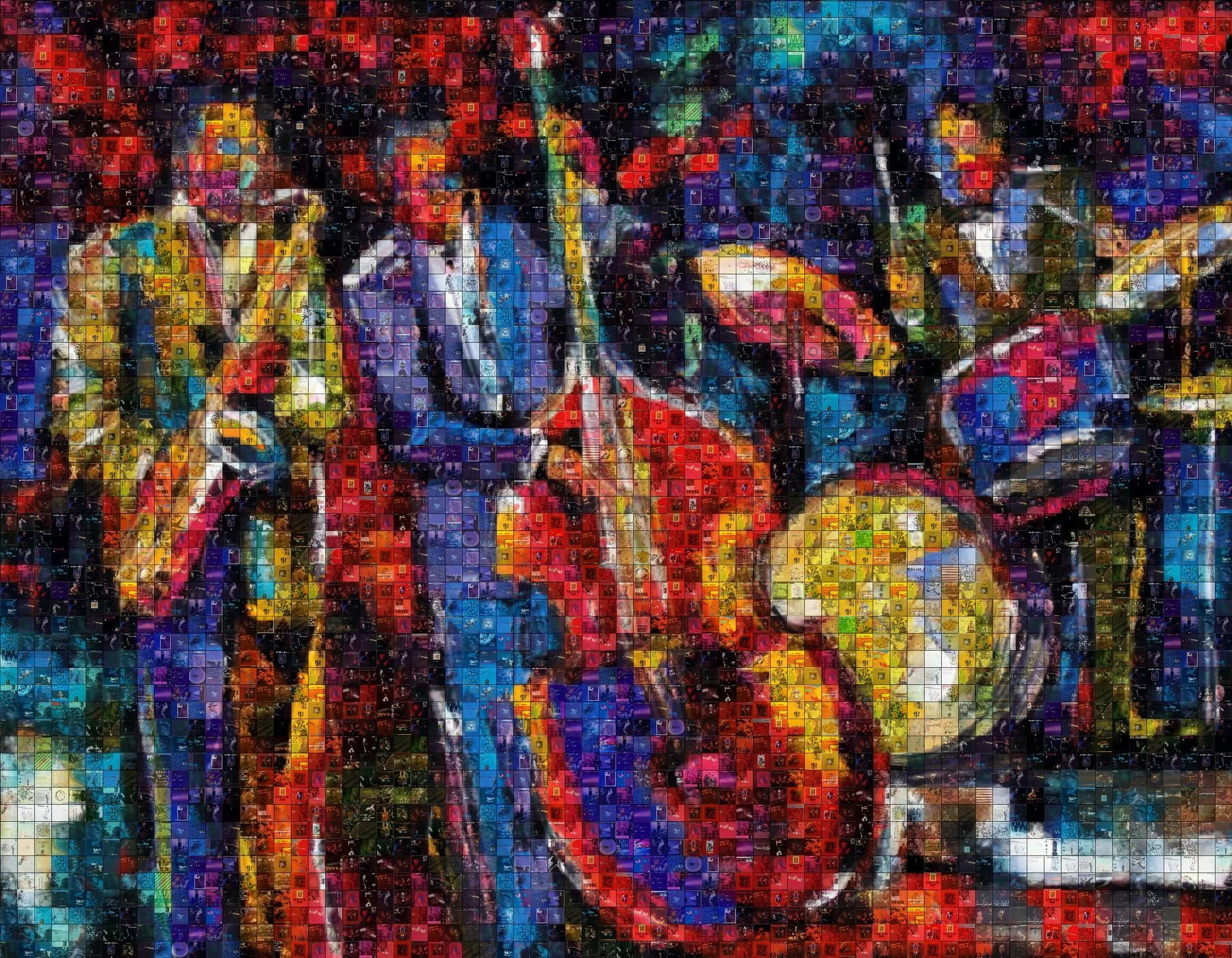 Jazz 桌布 壁紙 — 一幅充滿活力的馬賽克風格插圖，描繪了一個爵士樂隊演奏色士風、低音結他和鼓，採用大膽的紅色、藍色和黃色色調。