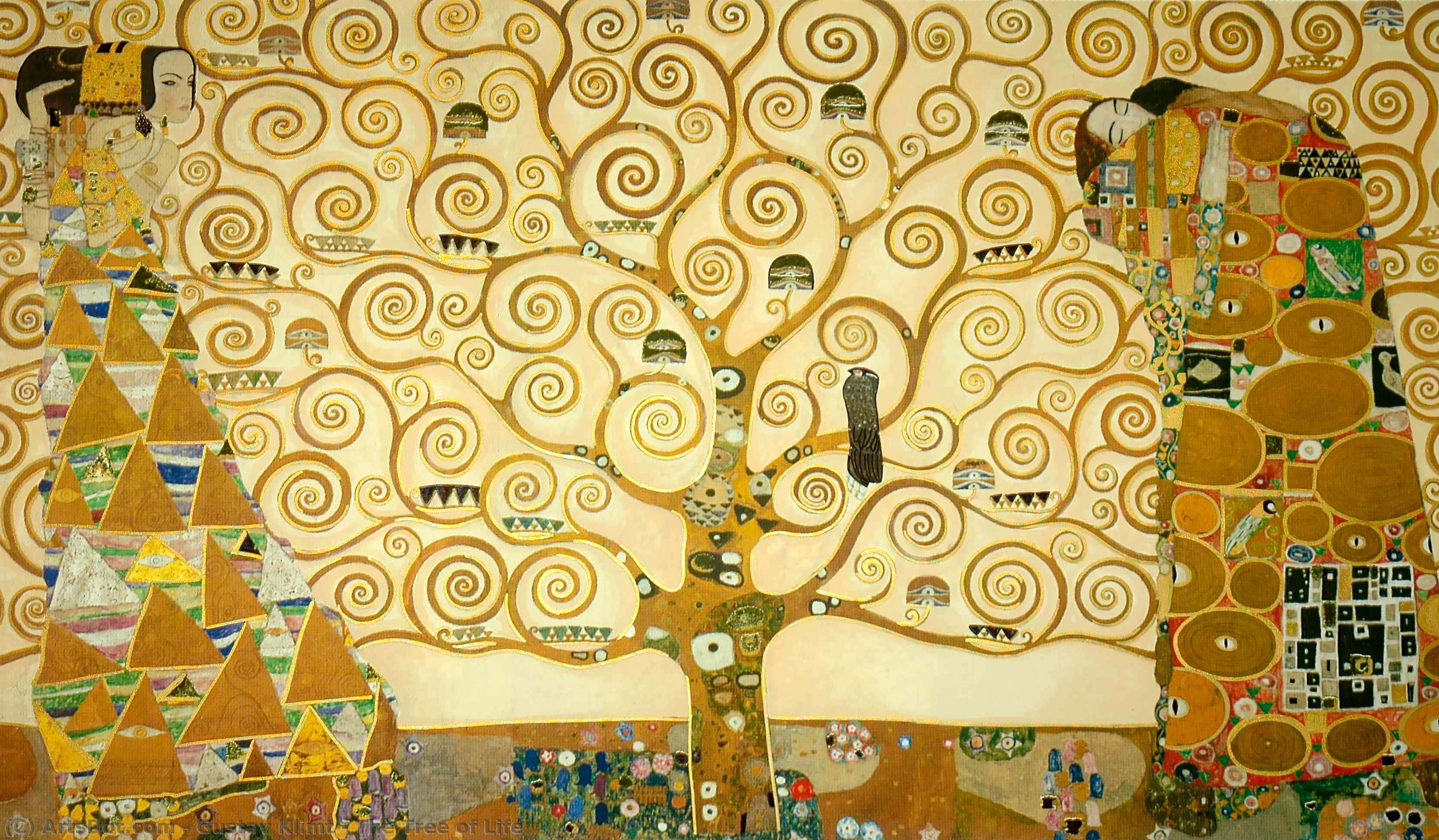 Tree Of Life 桌布 壁紙 — 一幅充滿活力的馬賽克風格畫作，描繪一棵金色旋轉的樹，帶有複雜的圖案和風格化的人物。