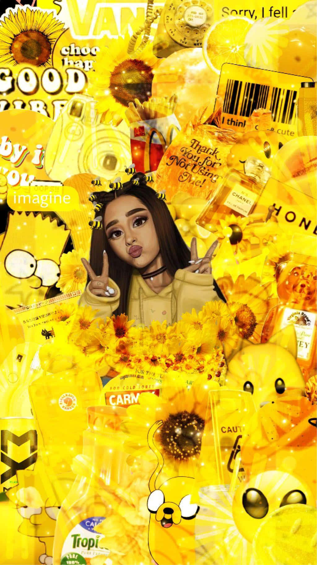 Aesthetic Ariana Grande 桌布 壁紙 — 一幅充滿活力的黃色拼貼畫，中央有一個比出和平手勢的女孩，周圍環繞著向日葵、卡通人物和品牌商品。