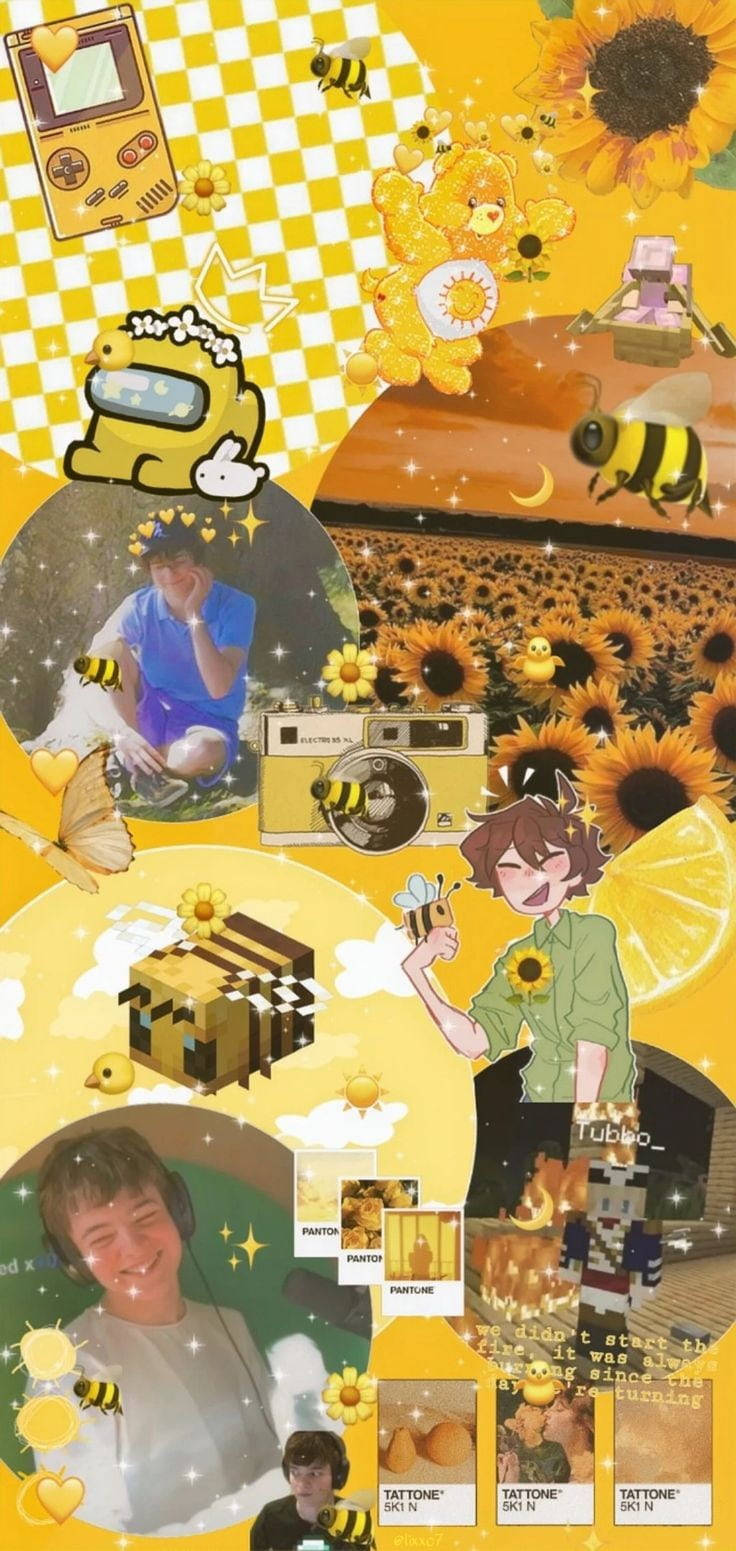 Yellow Aesthetic Tubbo 壁紙 — 一幅充滿活力的黃色拼貼畫，包含向日葵、蜜蜂、遊戲機和動漫角色，風格歡快而奇思妙想。