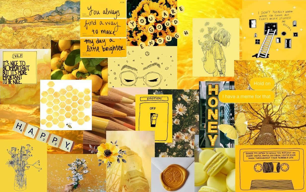美學拼貼 桌布 壁紙 — 一幅充滿活力的黃色拼貼畫，包含向日葵、蜂巢、馬卡龍和手寫肯定語句，營造出歡樂振奮的氛圍。