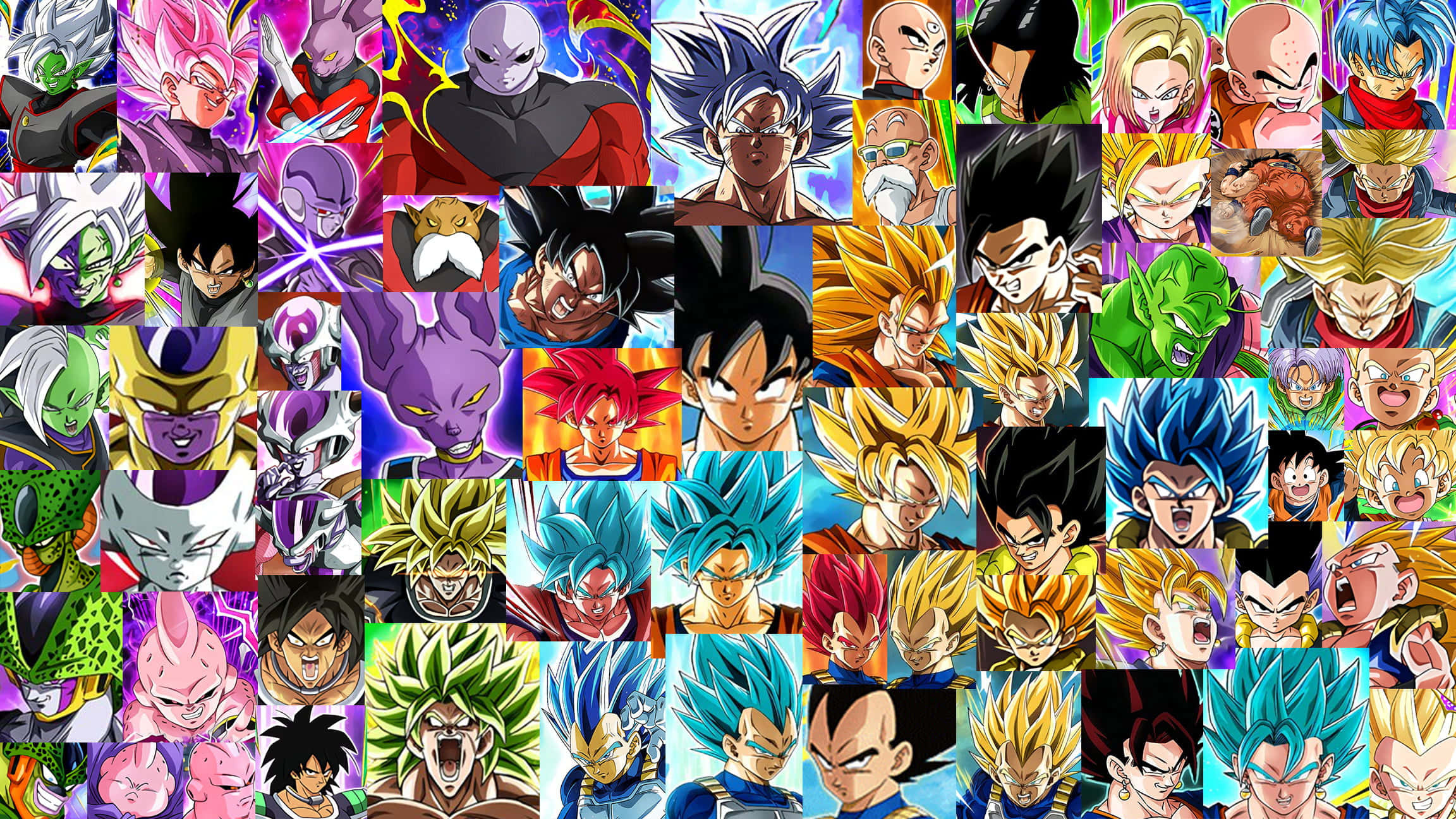 Dragon Ball Z Characters 桌布 壁紙 — 一幅充滿活力的龍珠角色拼貼畫，展現各種力量形態、動態姿勢和發光氣場。
