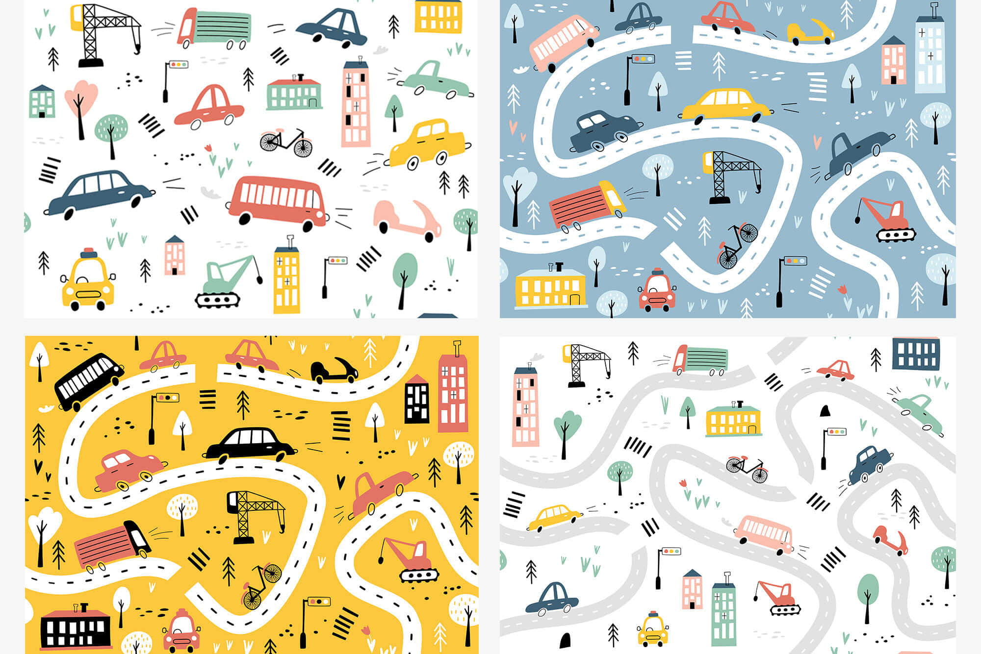 Car Pattern 桌布 壁紙 — 一幅充滿玩味的插圖風格牆紙，展示蜿蜒的道路、色彩繽紛的汽車、樹木和建築物，採用四種不同的柔和色調。