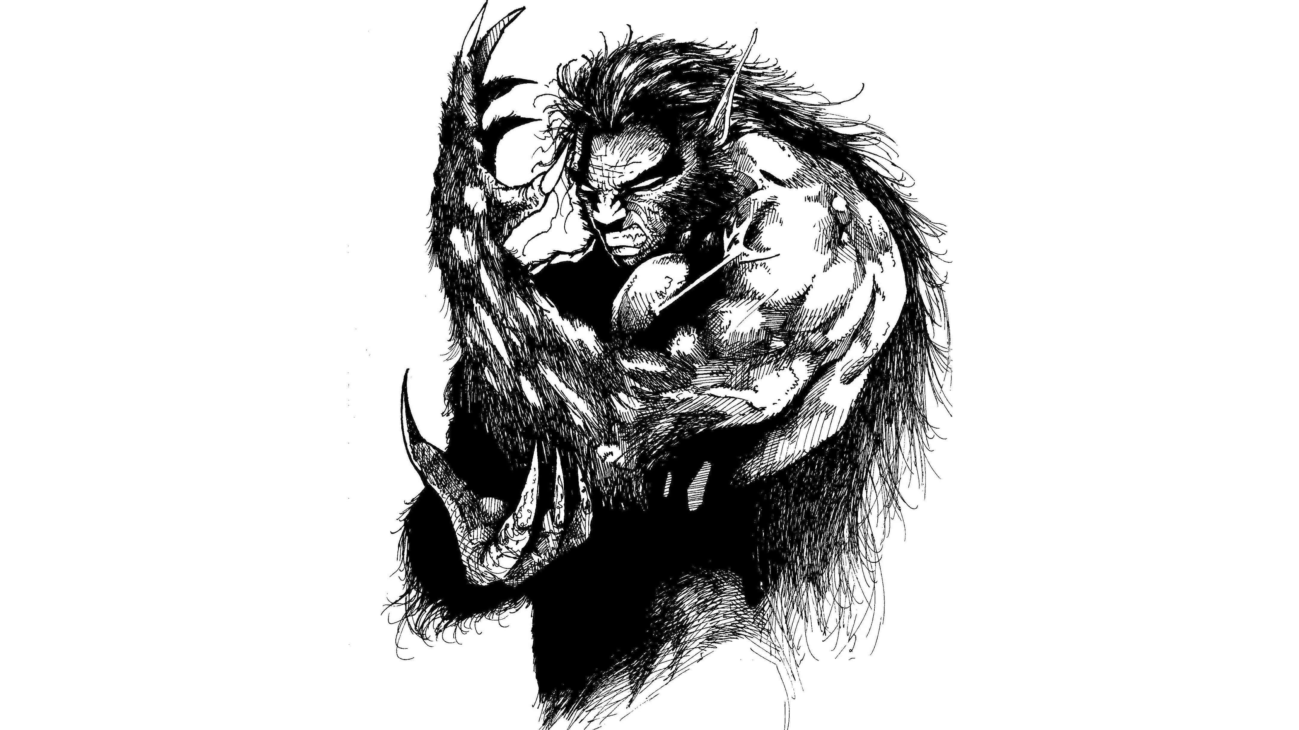 狼人 桌布 壁紙 — 一幅兇猛的黑白插圖，描繪一隻肌肉發達、帶有爪子和毛皮的野獸，以強烈的表情向前猛撲。