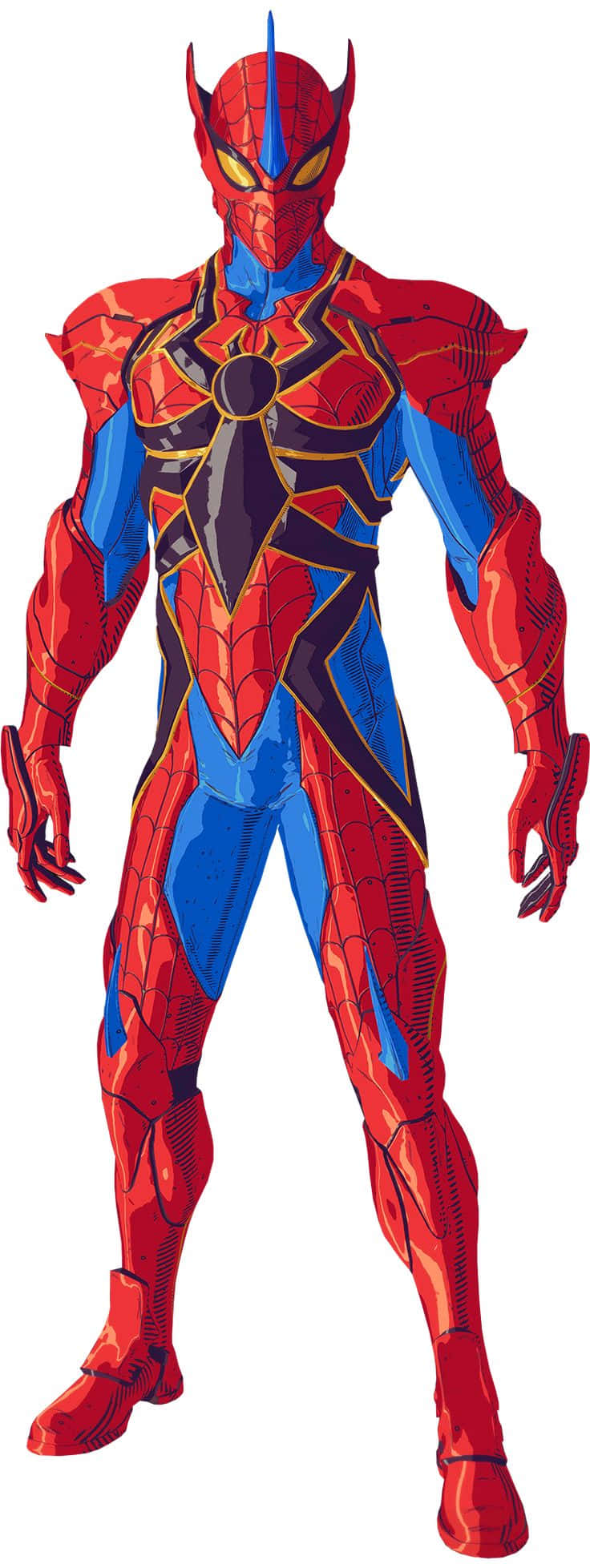 Arachnid 桌布 壁紙 — 一幅全身插圖，描繪身穿紅藍裝甲的蜘蛛俠，黃色眼睛發光，自信地站立。
