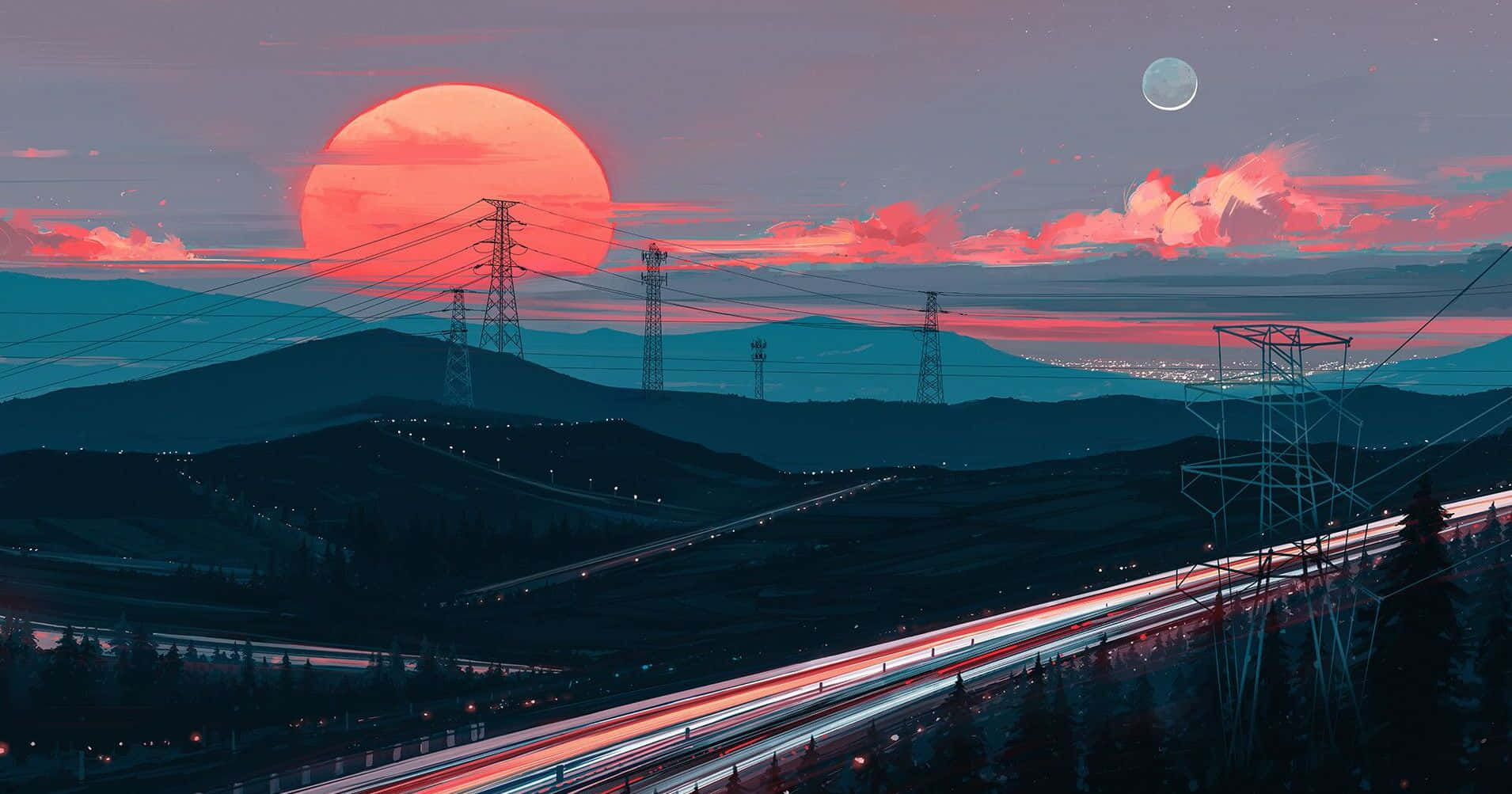一幅公路畫作，背後有夕陽 壁紙