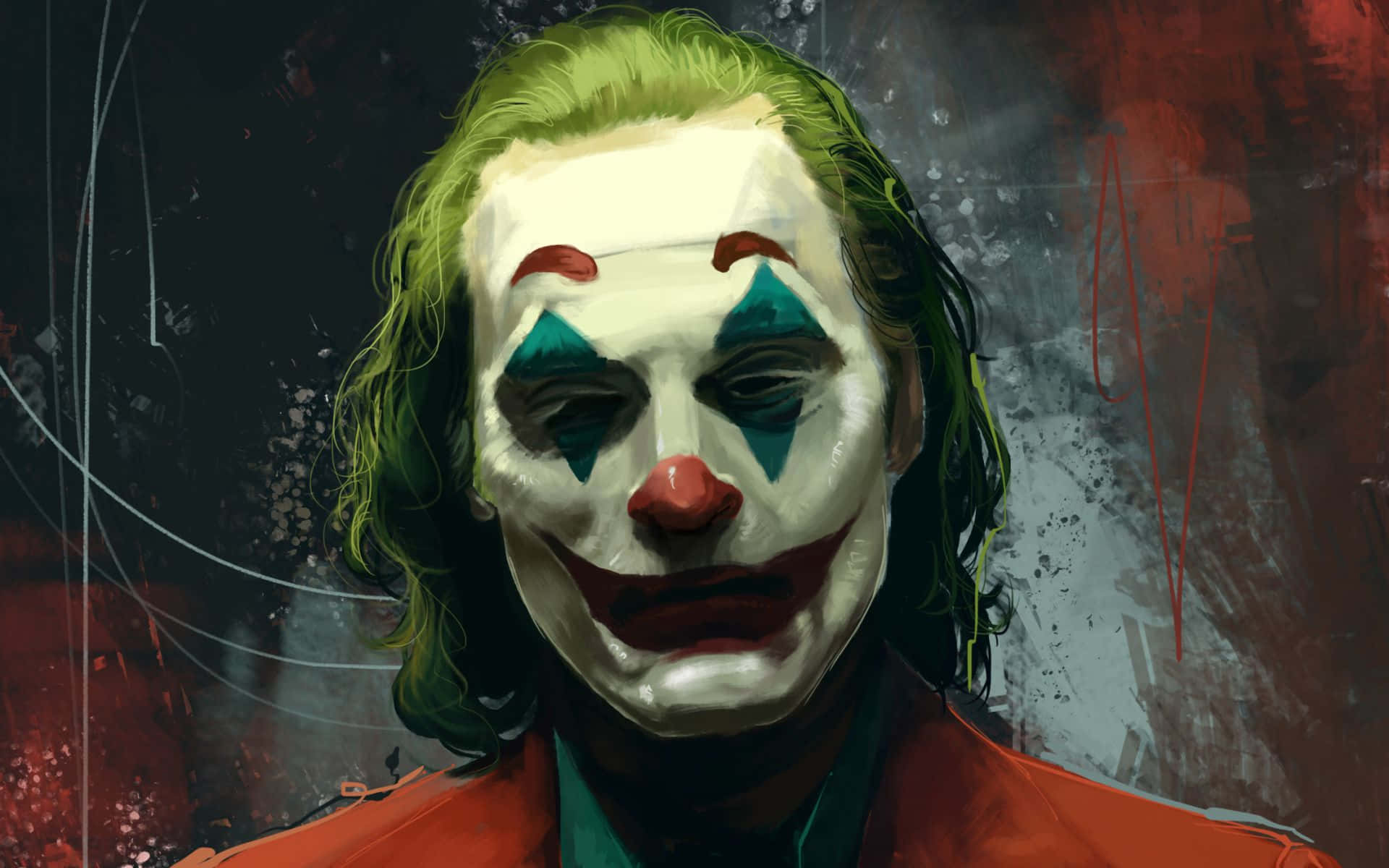 Joker Art 桌布 壁紙 — 一幅具威脅性的小丑肖像，綠髮小丑妝，背景是混亂的紅色和灰色。