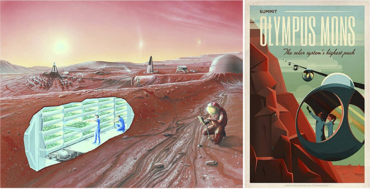 Space Colonization 桌布 壁紙 — 一幅分割插圖顯示太空人在紅色外星行星上照料溫室，另一幅則以復古旅行海報美學描繪探險家站在奧林帕斯山頂。