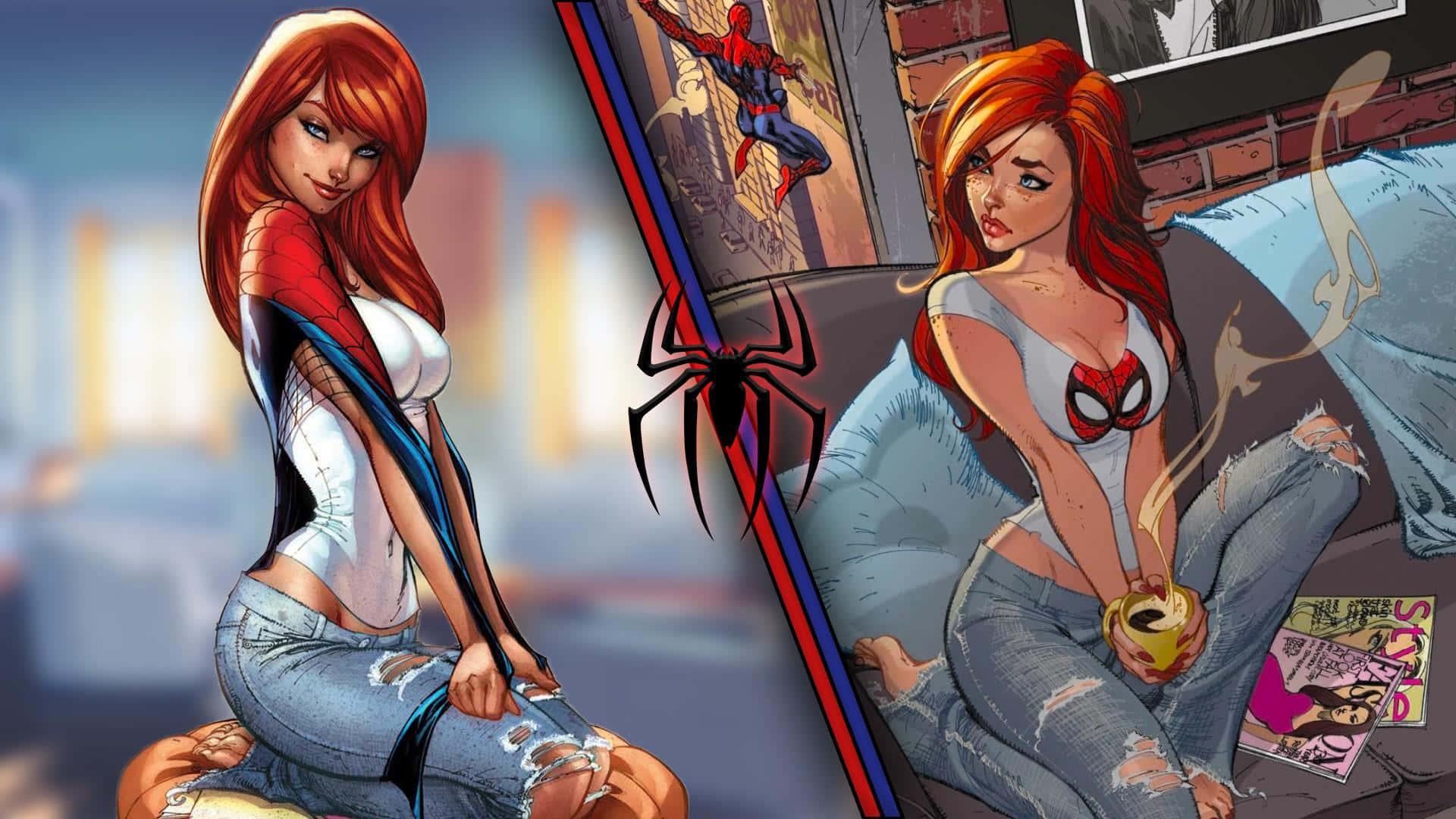 Mary Jane 桌布 壁紙 — 一幅分屏插圖，蜘蛛關（Spider-Gwen）穿著破洞牛仔褲悠閒地坐著，手持杯子，漫畫書封面和蜘蛛標誌將場景一分為二。