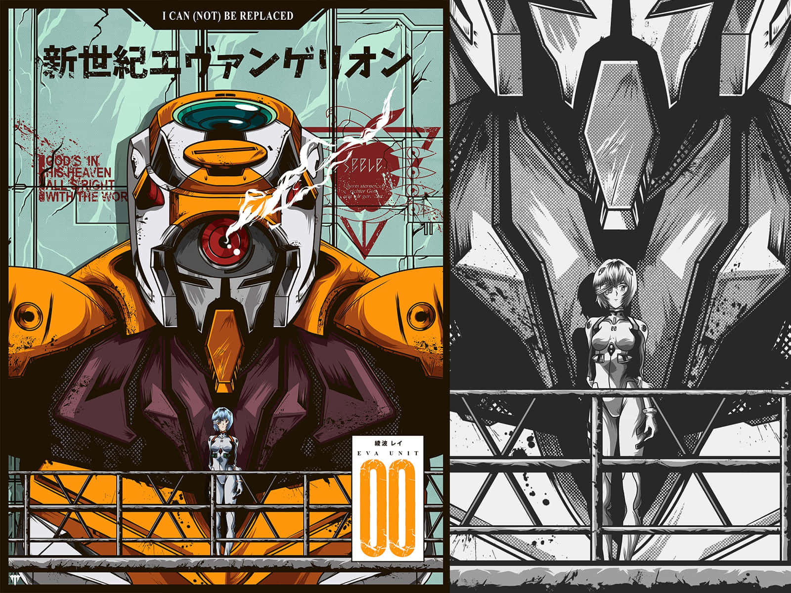 Eva-00 桌布 壁紙 — 一幅分格動畫插圖展示了一個巨大的橙色和白色機甲，帶有紅色眼睛和下方的小飛行員，旁邊是一個黑白格，描繪一個女孩站在高聳的機械實體前。