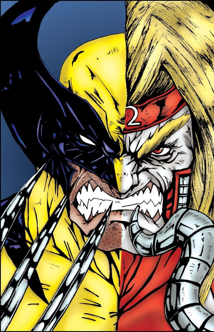 Omega Red 桌布 壁紙 — 一幅分裂面孔的漫畫插圖，描繪金鋼狼與劍齒虎激烈對峙，露出牙齒。