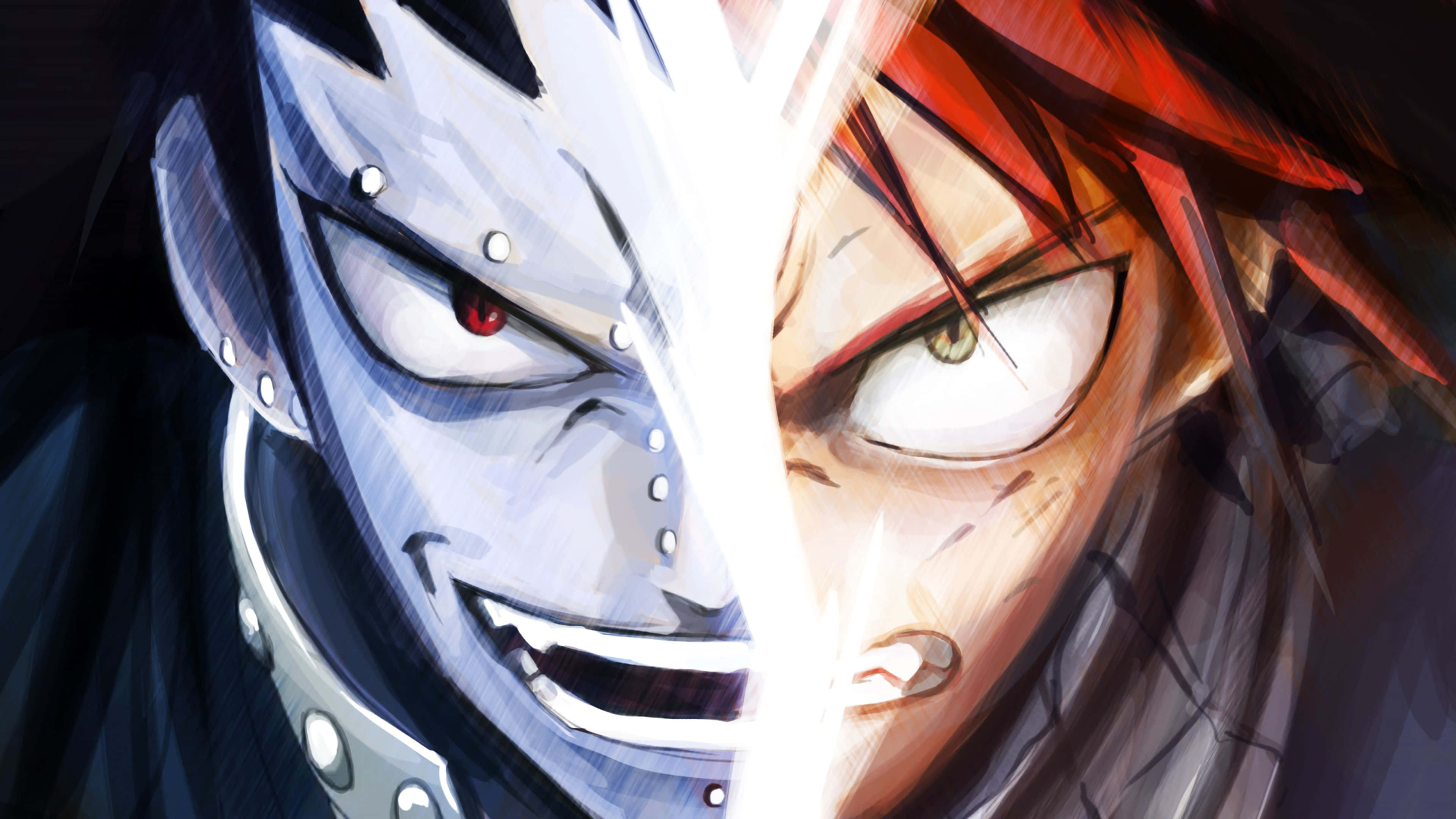 Gajeel Redfox 桌布 壁紙 — 一幅分面動畫肖像展示了一名戴面具、紅眼的戰士和一名紅髮戰士，兩人怒目而視，中間有一把發光的劍將他們分開。