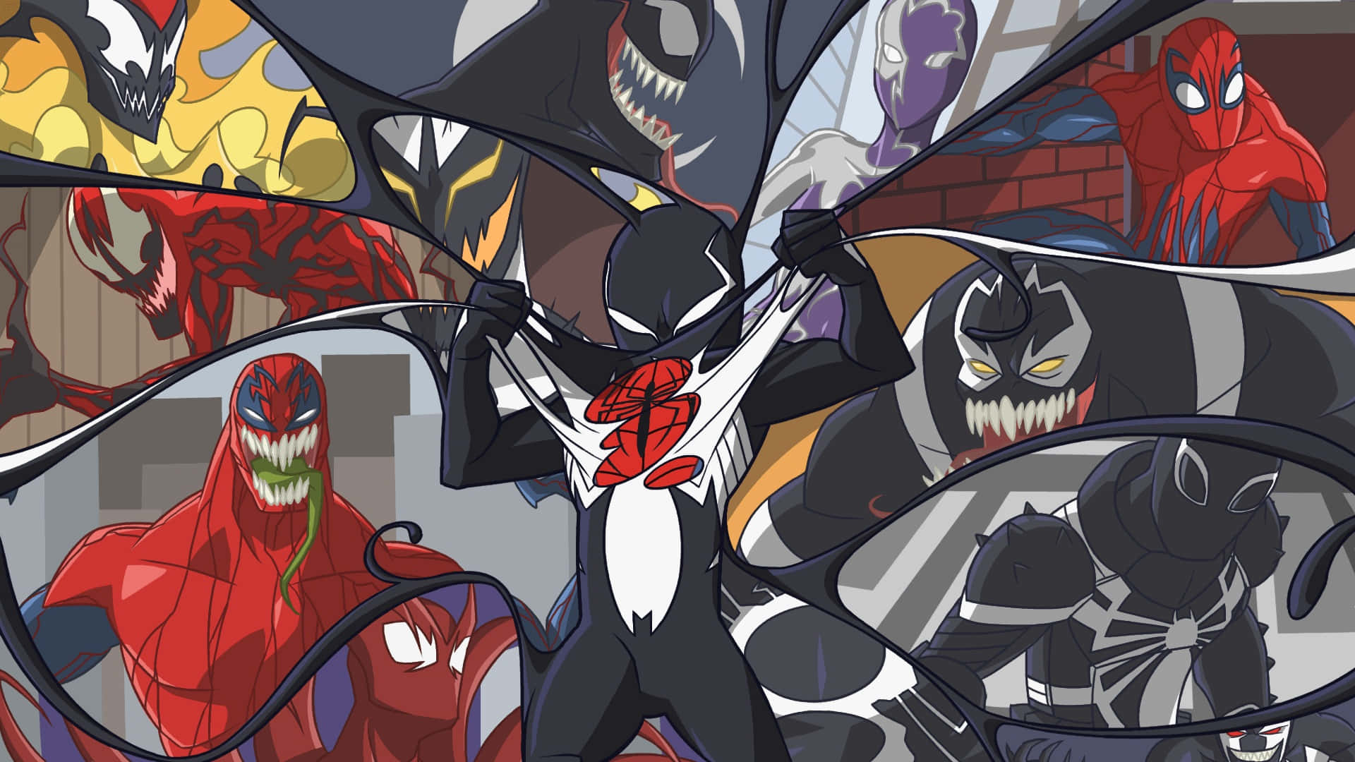 Venom Comic Book 桌布 壁紙 — 一幅動感動漫風格拼貼畫，展示毒液和蜘蛛俠的多種變體，採用大膽的紅色、黑色和黃色色調。
