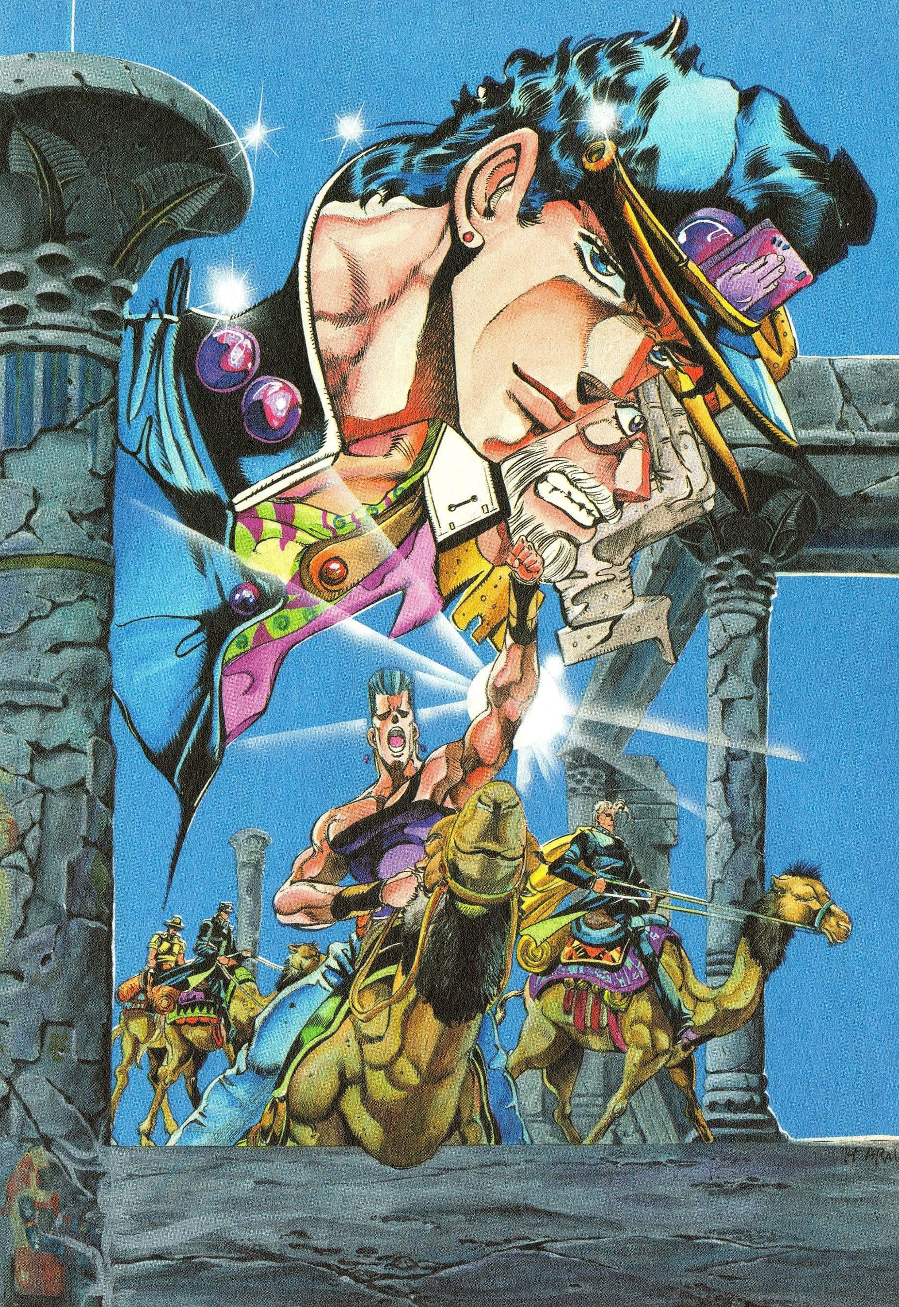 Stardust Crusaders 桌布 壁紙 — 一幅動感十足的動漫風格插圖，描繪一位肌肉發達、藍髮紫帽的男子，在古石柱和駱駝的背景前揮舞劍。