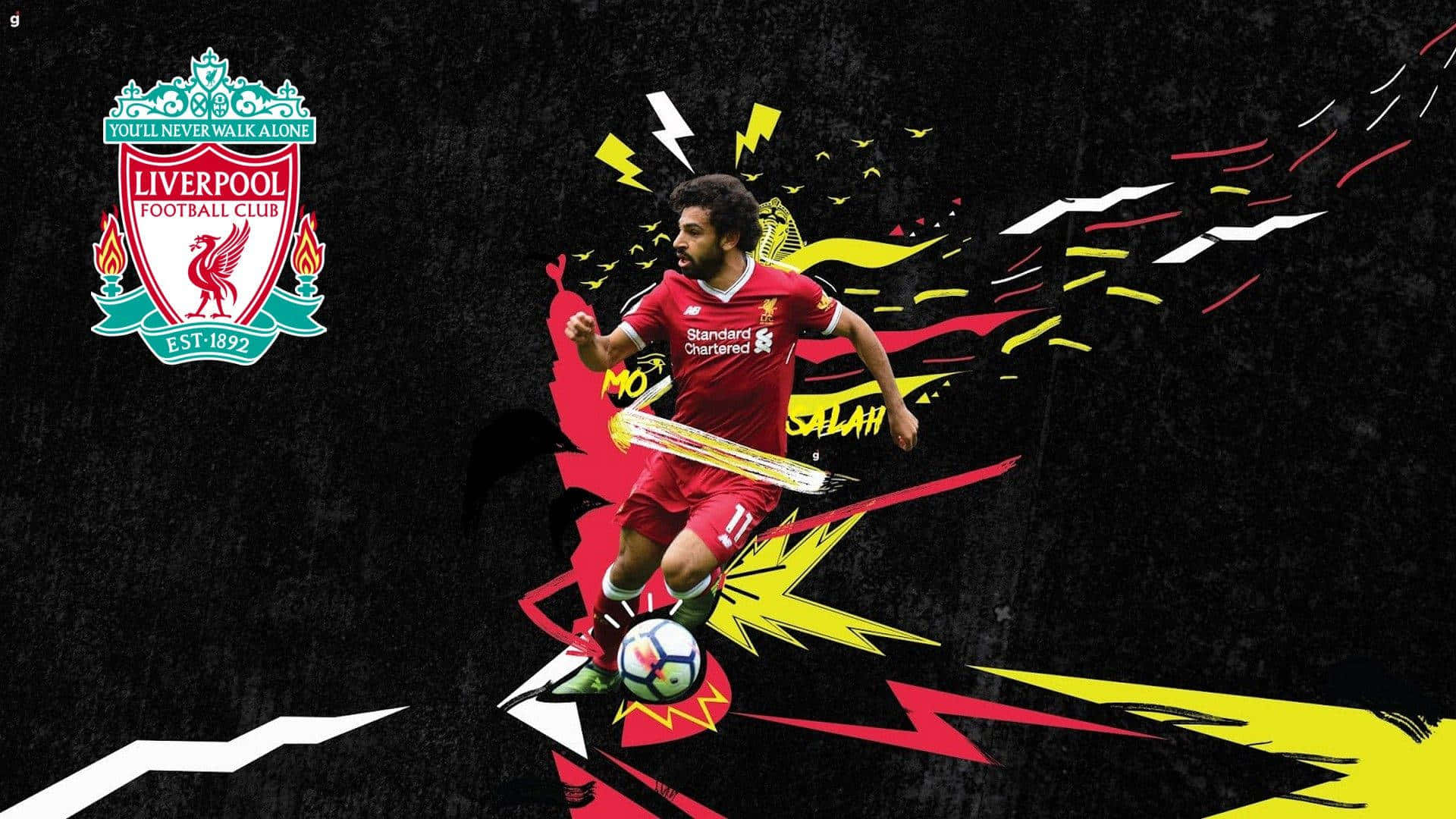 Liverpool 桌布 壁紙 — 一幅動感十足的數碼插圖，描繪利物浦FC球衣的足球員穆罕默德·沙拿在黑色背景上盤球，伴隨爆炸性的紅、黃、白色圖形效果。