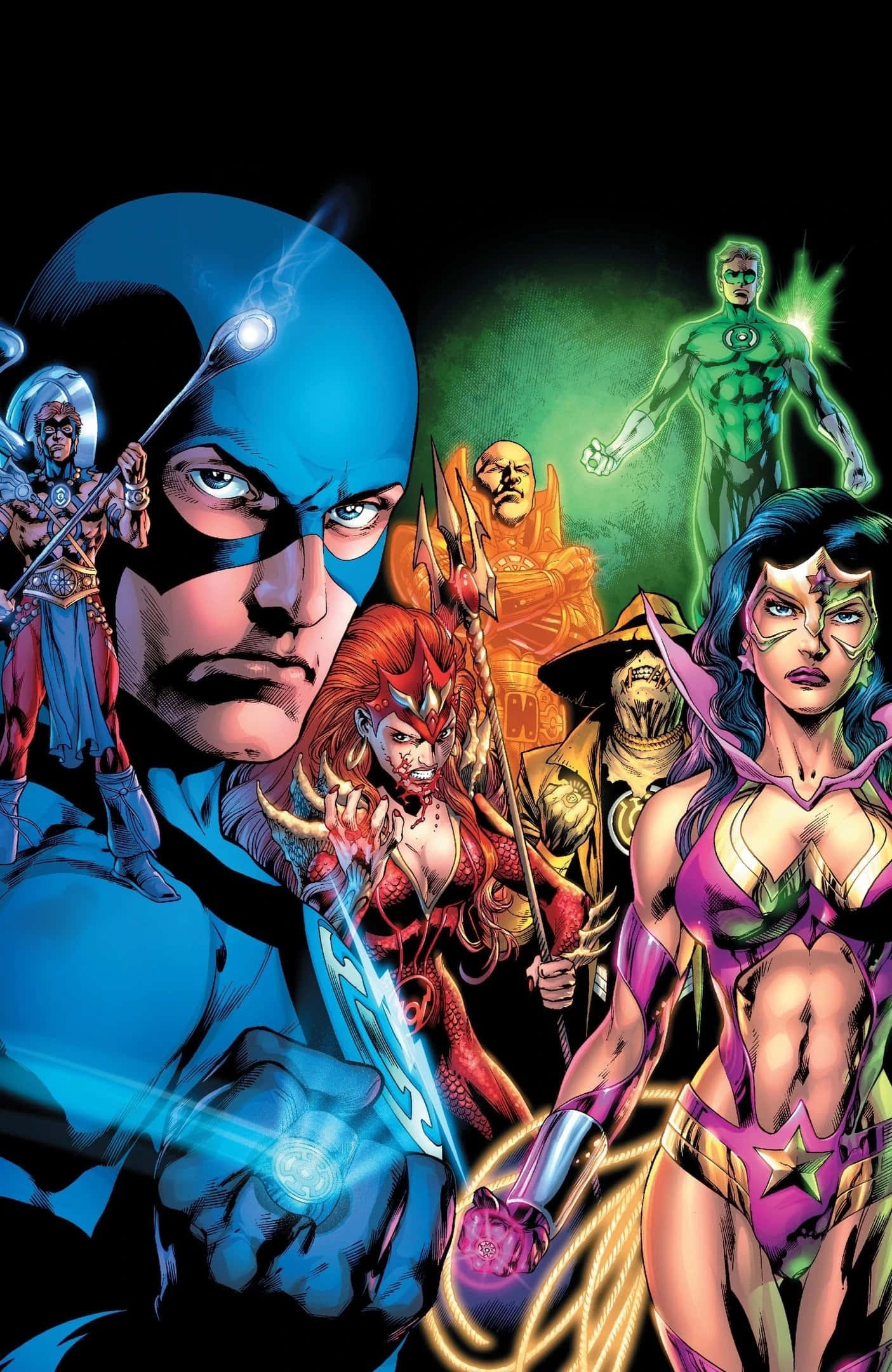 Blackest Night 桌布 壁紙 — 一幅動感十足的漫畫插圖，描繪超級英雄團隊正義聯盟，色彩大膽且燈光效果戲劇化。
