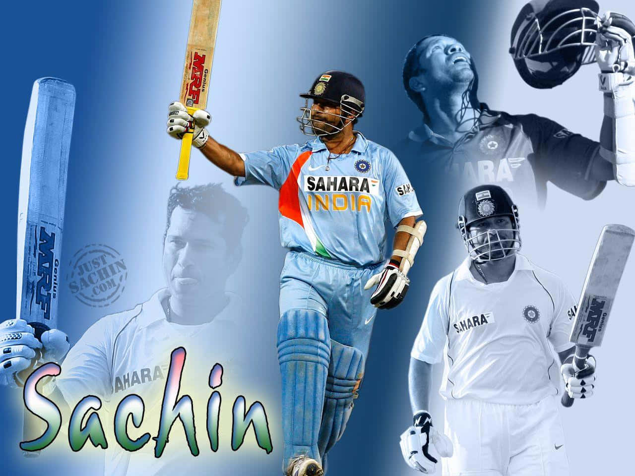 Sachin Tendulkar 桌布 壁紙 — 一幅動感拼貼畫，頌揚板球傳奇人物薩欽·坦杜卡（Sachin Tendulkar）在藍色漸變背景前，以球棒和頭盔擺出標誌性的擊球姿勢。