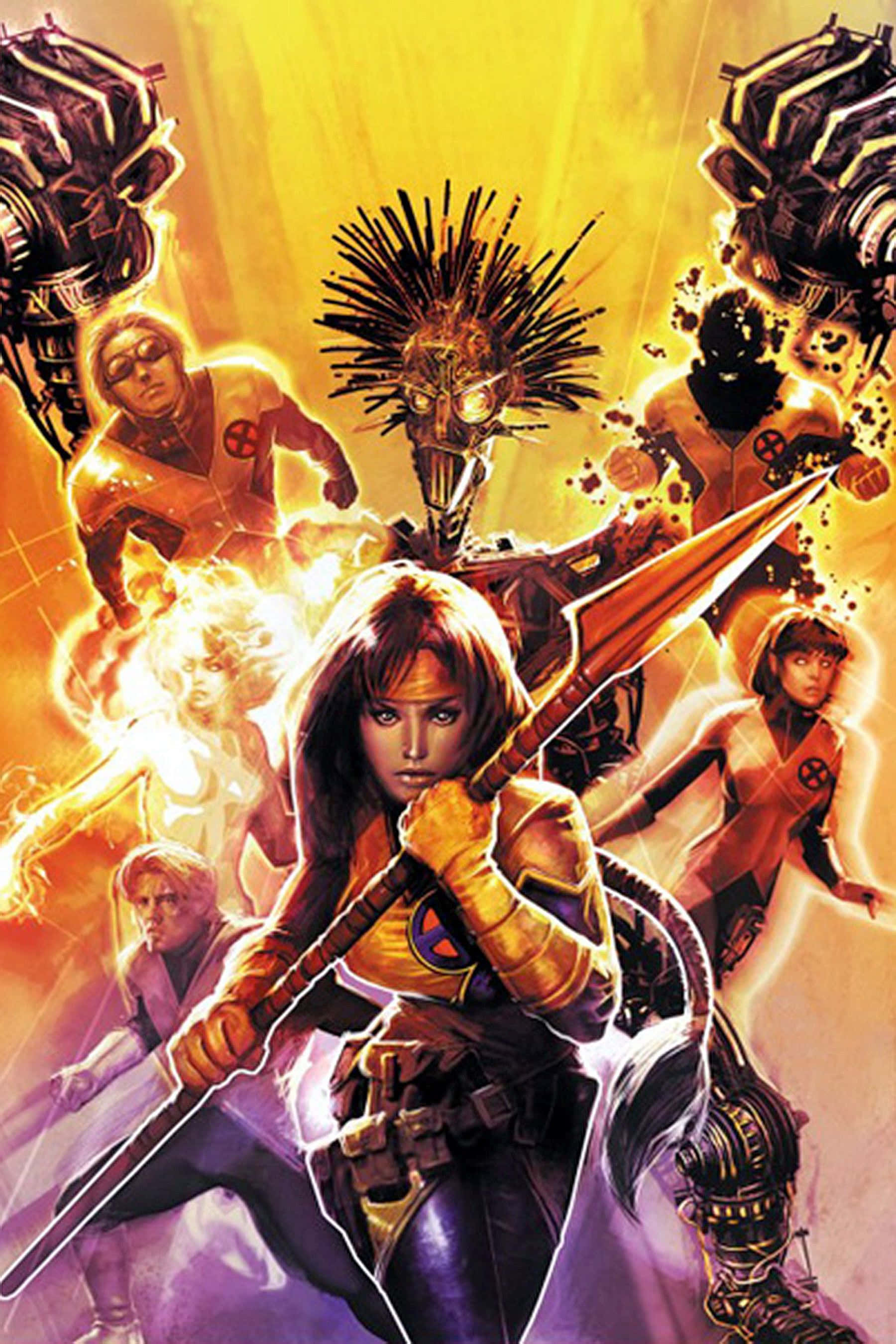 New Mutants 桌布 壁紙 — 一幅動感漫畫插圖，描繪X-Men角色以英雄姿態站在耀眼金色背景前。