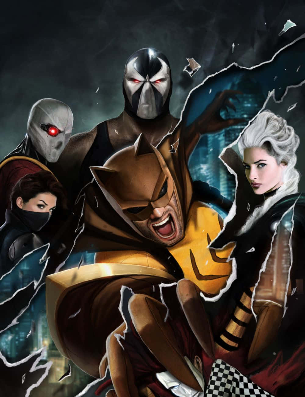 Secret Six 桌布 壁紙 — 一幅動感漫畫插圖，描繪四位蒙面超級英雄衝破撕裂的背景，表情強烈，燈光戲劇化。