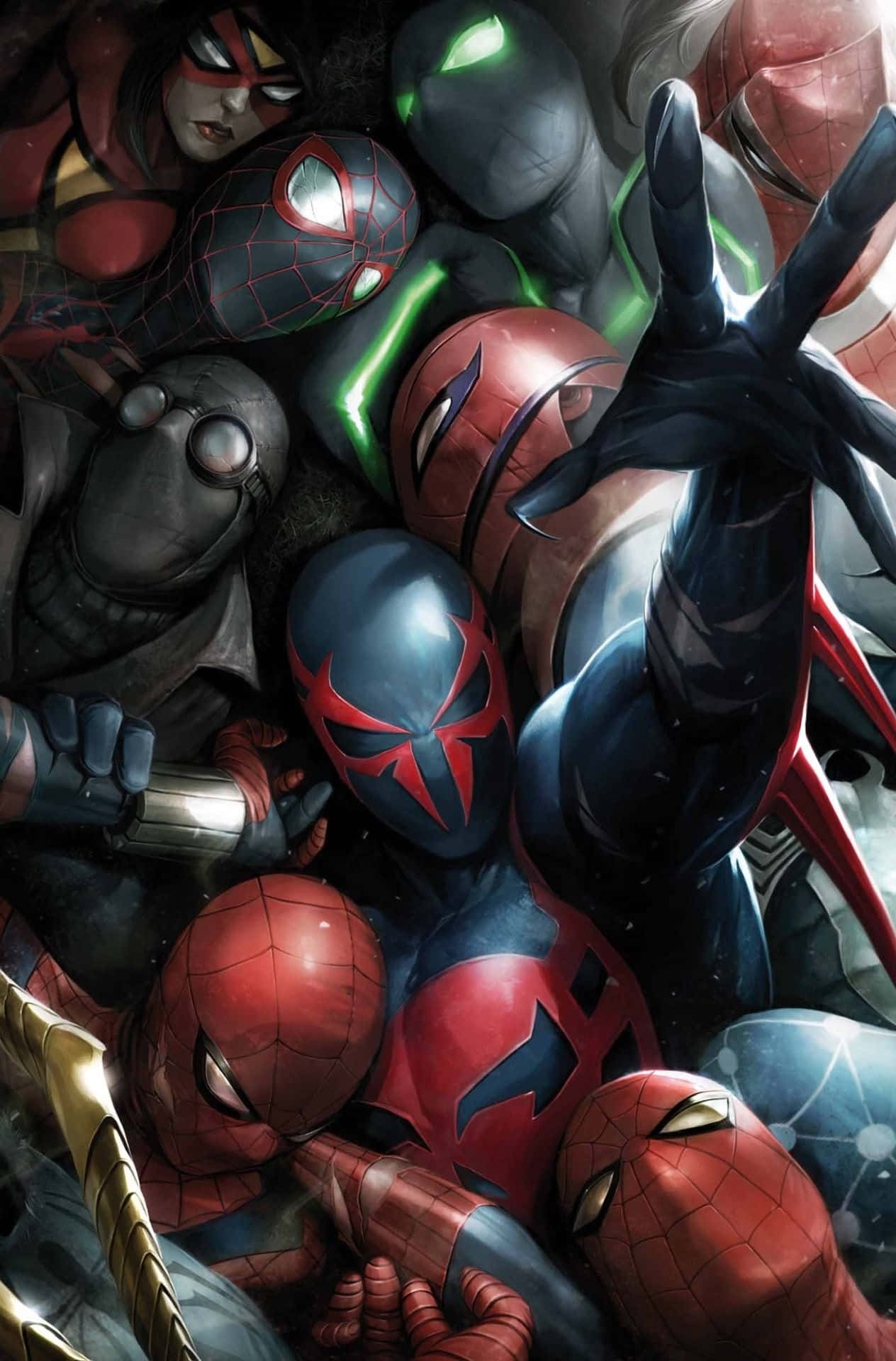 Spider Man 2099 桌布 壁紙 — 一幅動感漫畫插圖，描繪多個身穿紅、藍、黑色戰衣的蜘蛛俠變體英雄式地一起擺姿勢。