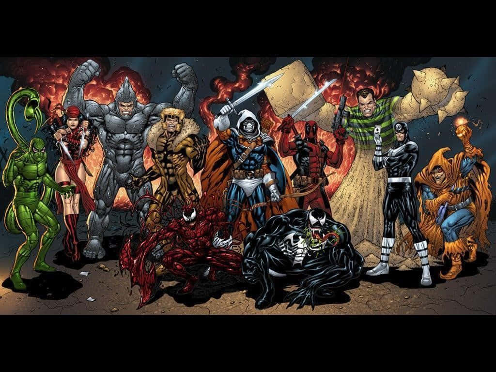 Iron Man Villains 桌布 壁紙 — 一幅動感漫畫插圖，描繪標誌性的Marvel反派站在熾熱混亂的戰場上。