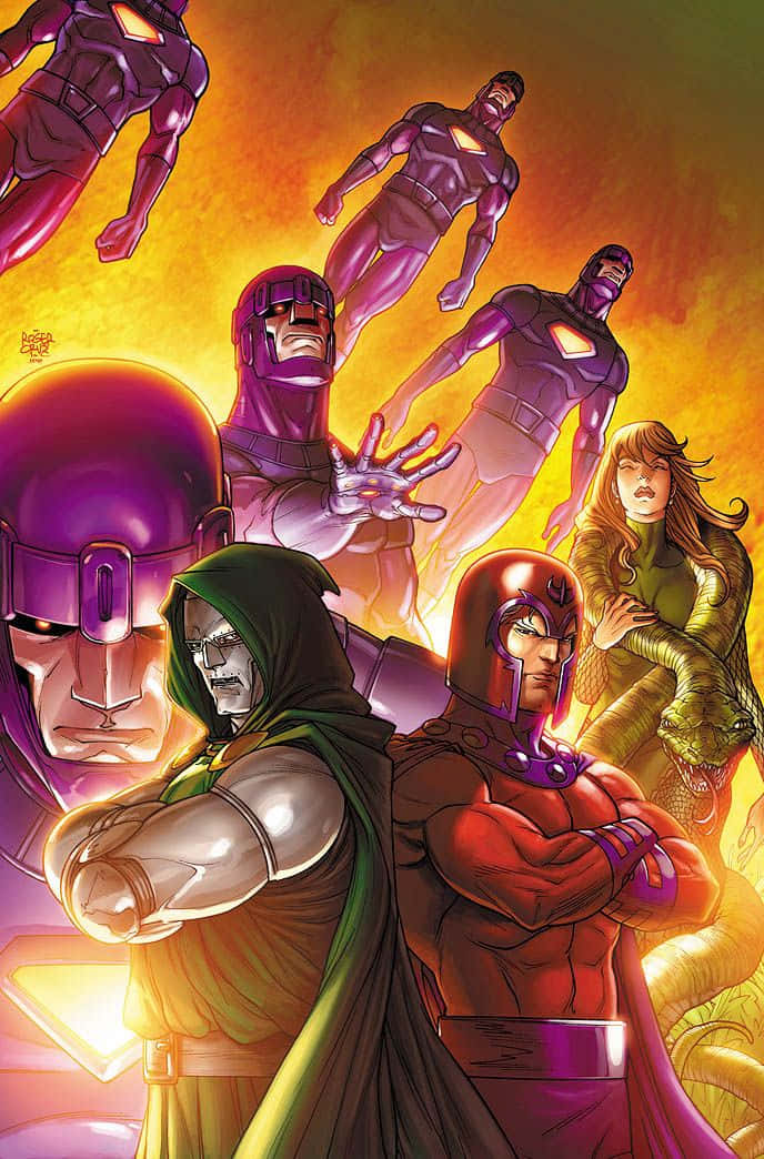 Masters Of Evil 桌布 壁紙 — 一幅動感漫畫插圖，描繪磁力王與他的變種人盟友以英雄姿態站在熾熱的橙紫色背景前。