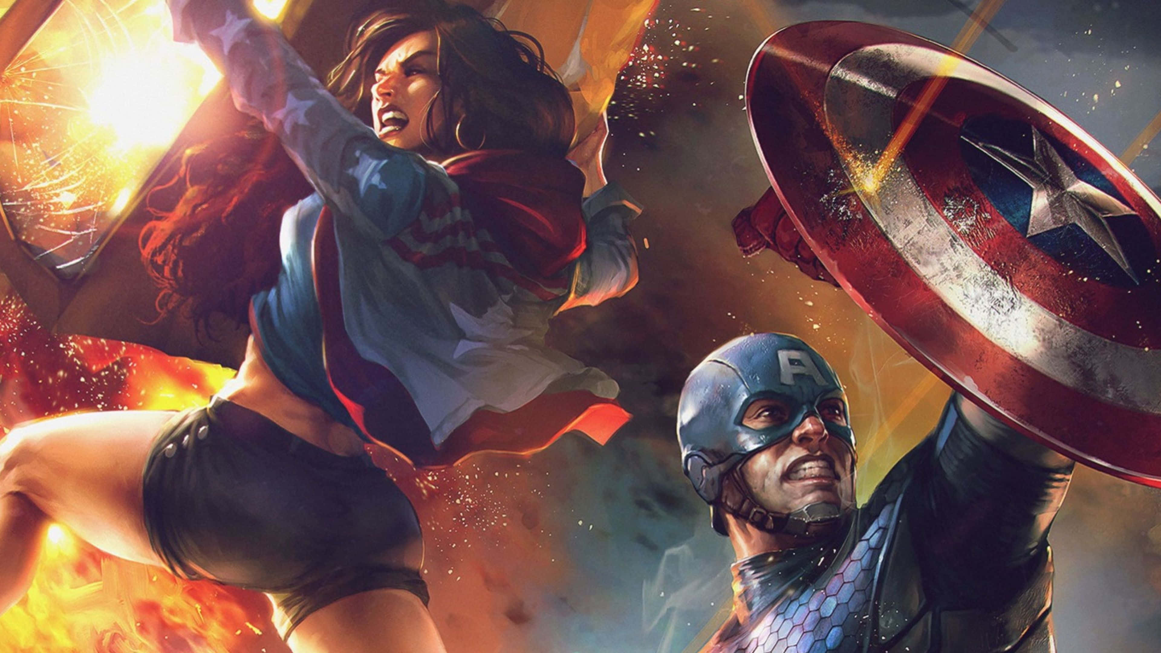 4K Captain America 桌布 壁紙 — 一幅動感漫畫插圖，描繪美國隊長與一位女性超級英雄在熾熱爆炸和火花中激戰。