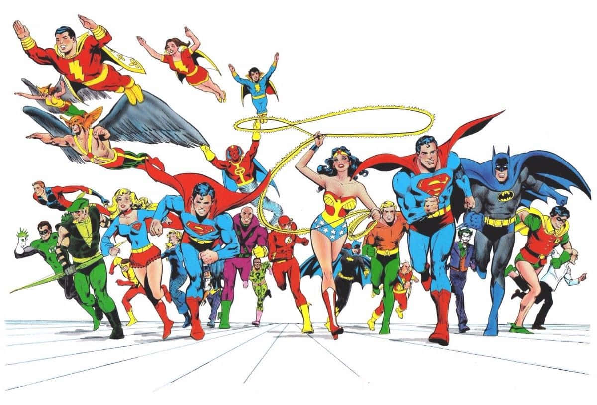 Animated Superhero Movies 桌布 壁紙 — 一幅動感漫畫插圖，描繪超人、神奇女俠和蝙蝠俠等標誌性超級英雄在純白背景下英勇擺出姿勢。