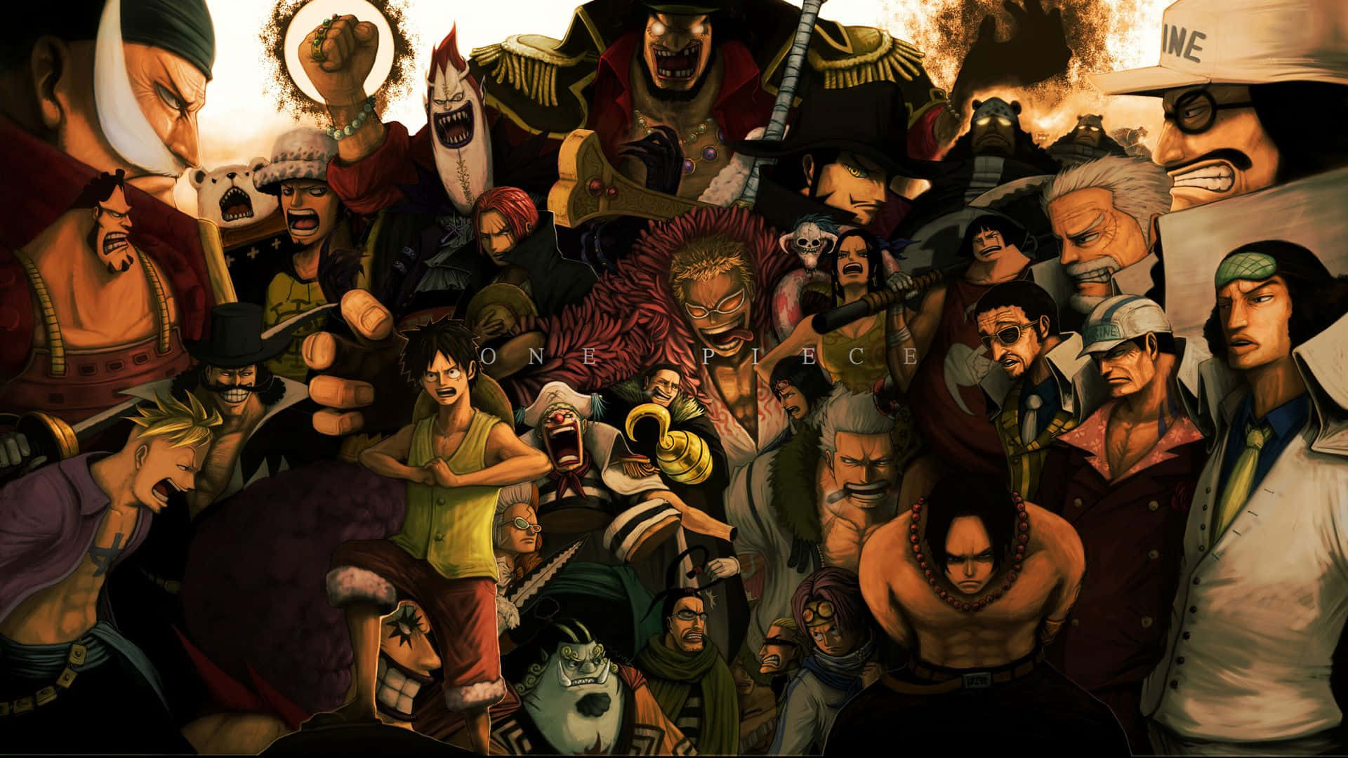 Marineford 桌布 壁紙 — 一幅動態動漫拼貼畫，描繪《海賊王》角色在熾熱背景下擺出激烈戰鬥姿勢。