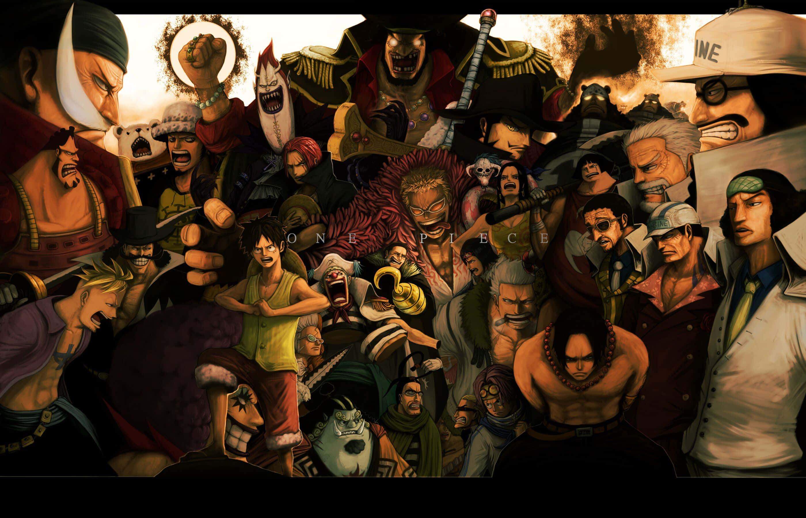 Impel Down 桌布 壁紙 — 一幅動態動漫拼貼畫，描繪《海賊王》船員在熾熱背景下的激烈戰鬥姿勢。